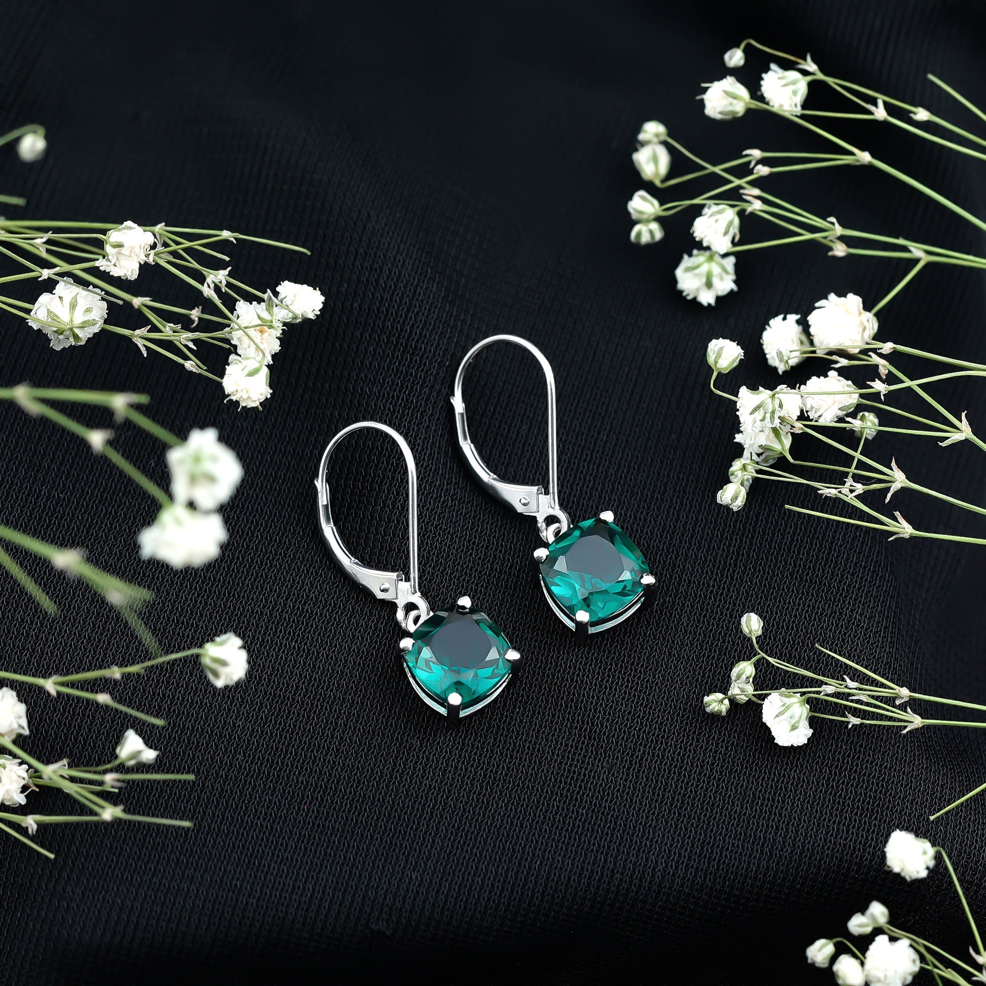 Cushion Cut Created Green Sapphire Solitaire Drop Earrings