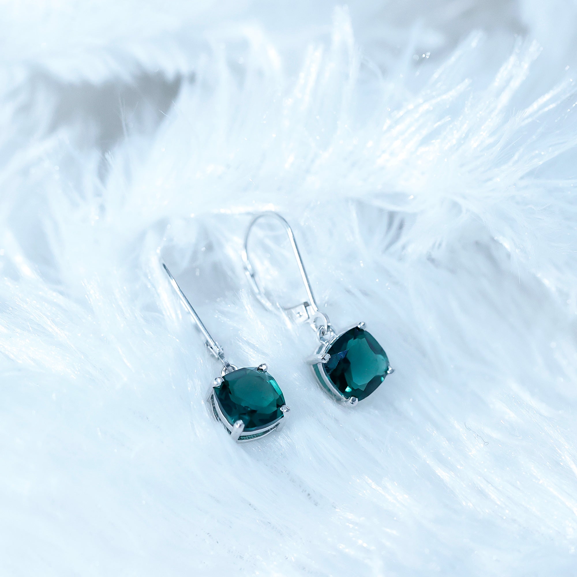 Cushion Cut Created Green Sapphire Solitaire Drop Earrings