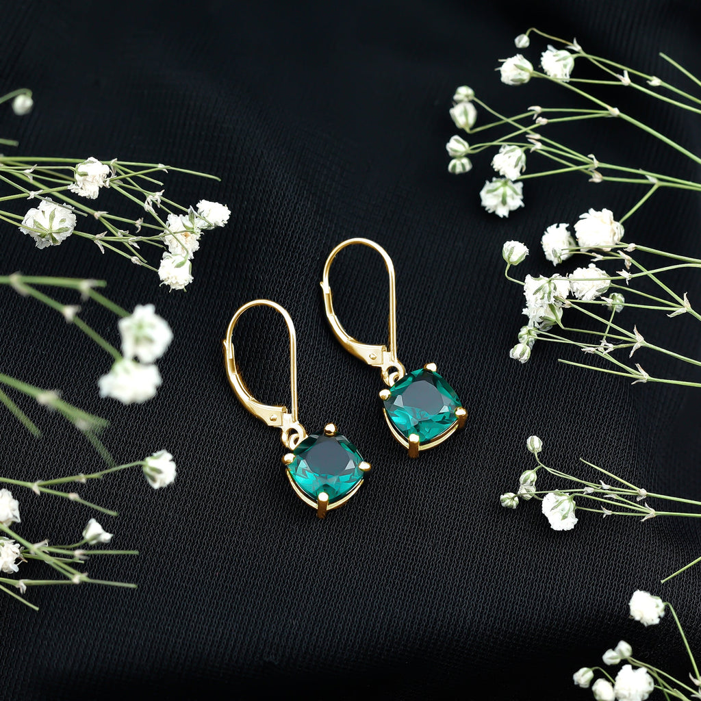 Cushion Cut Created Green Sapphire Solitaire Drop Earrings