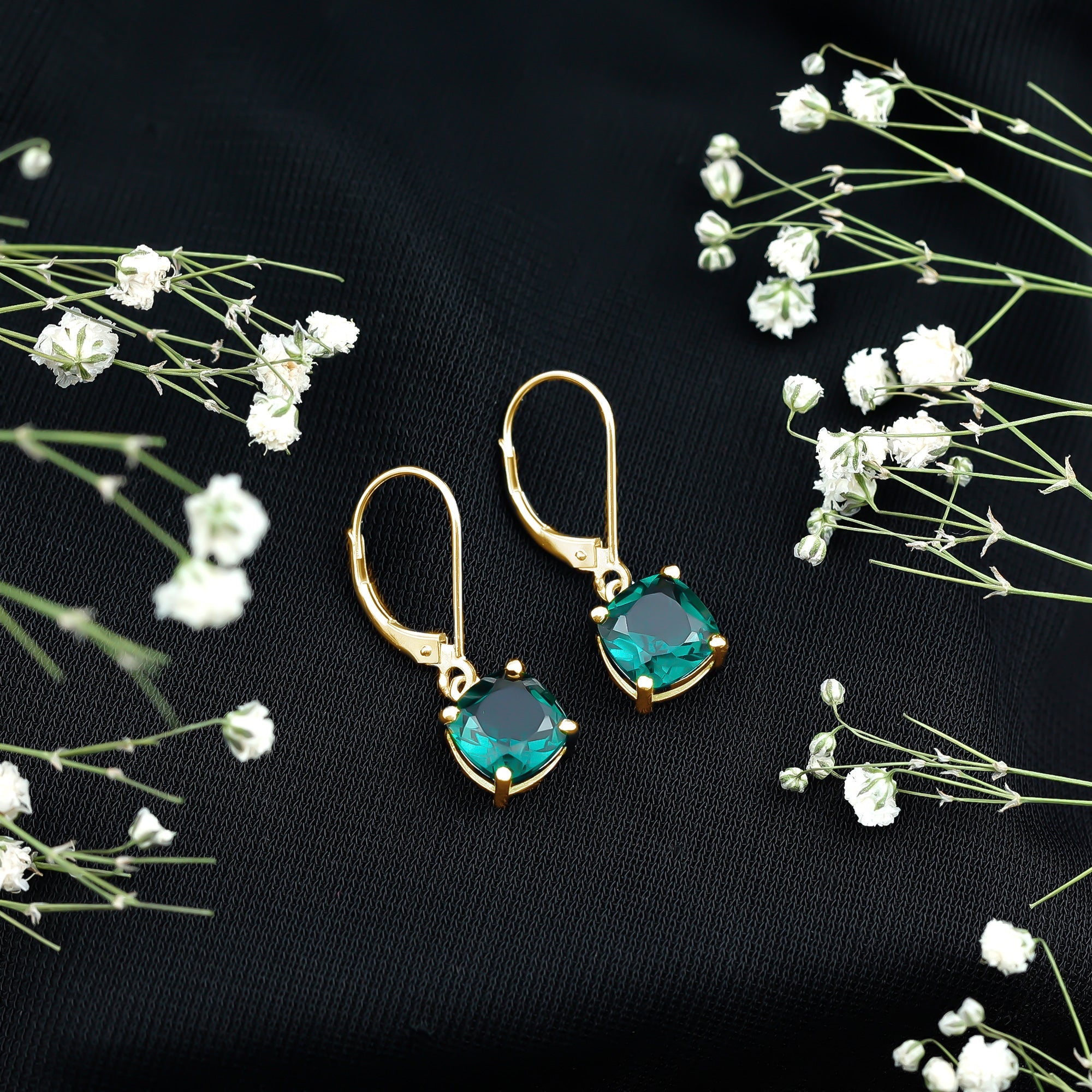 Cushion Cut Created Green Sapphire Solitaire Drop Earrings
