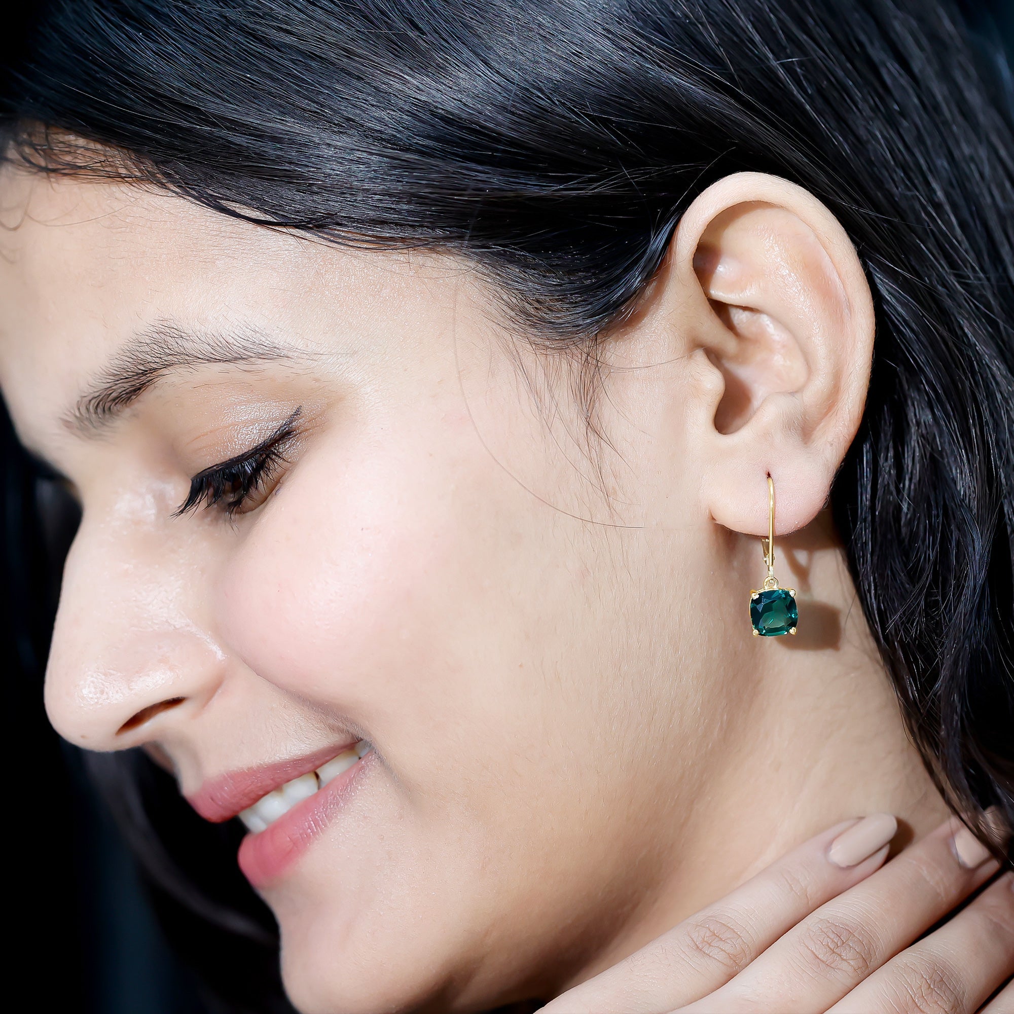 Cushion Cut Created Green Sapphire Solitaire Drop Earrings