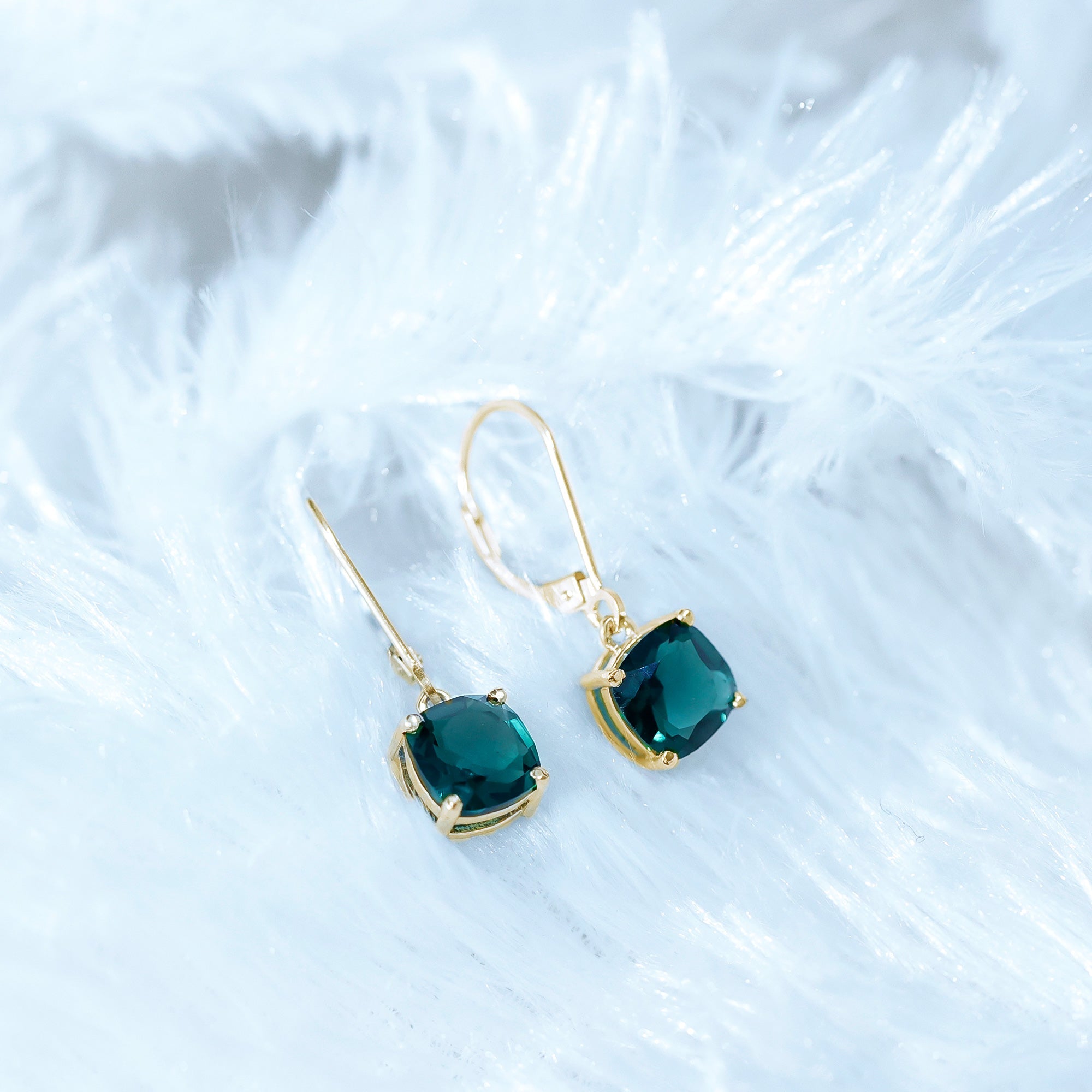 Cushion Cut Created Green Sapphire Solitaire Drop Earrings