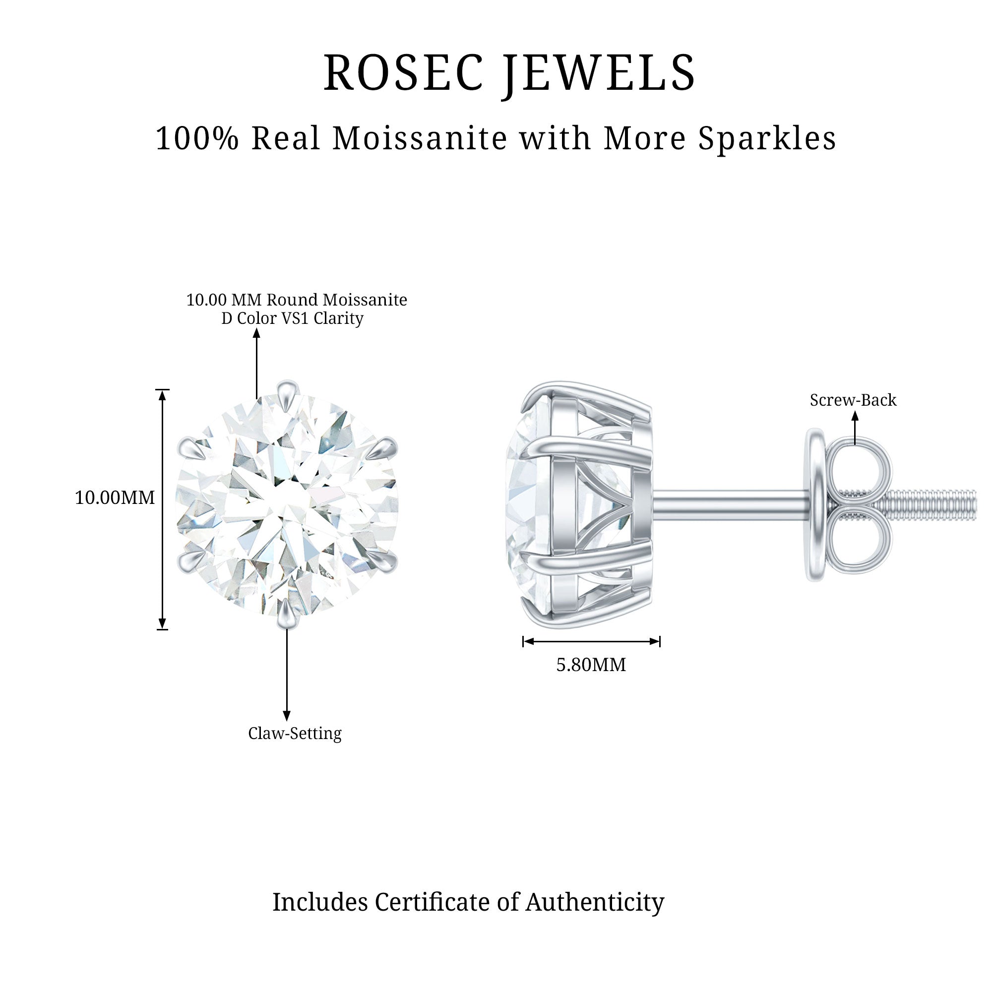 10 MM Round Moissanite Solitaire Stud Earrings in Claw Setting