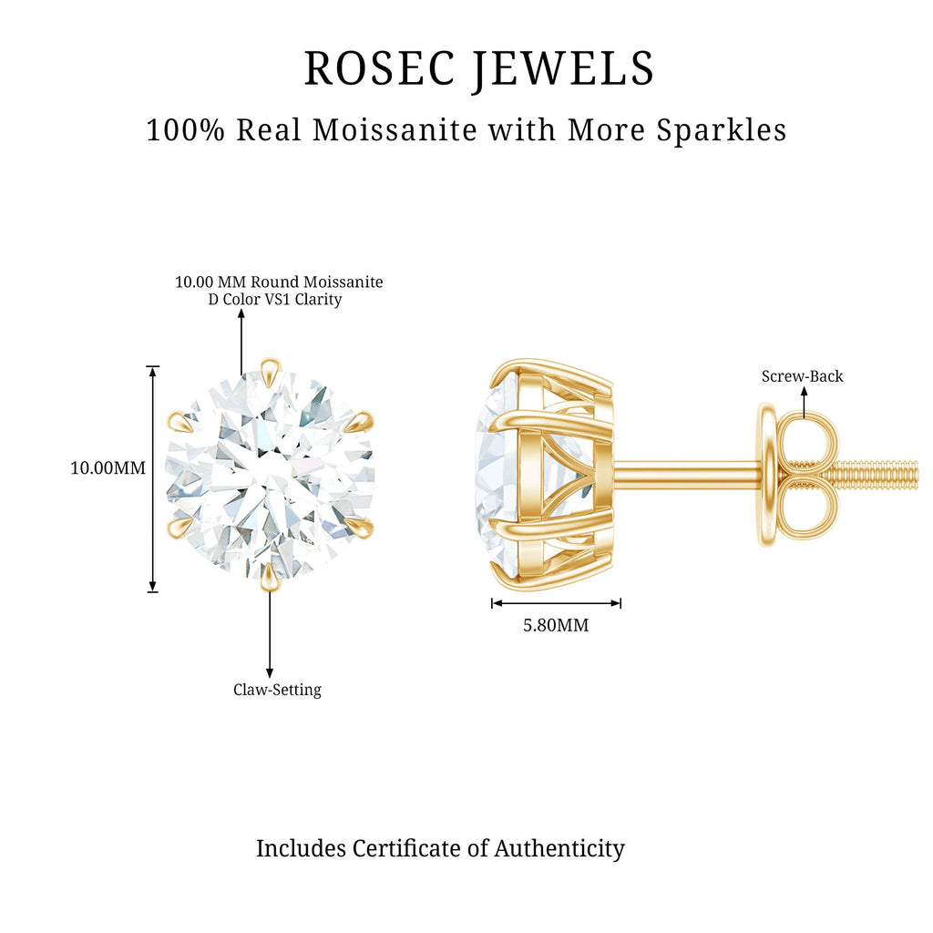 10 MM Round Moissanite Solitaire Stud Earrings in Claw Setting