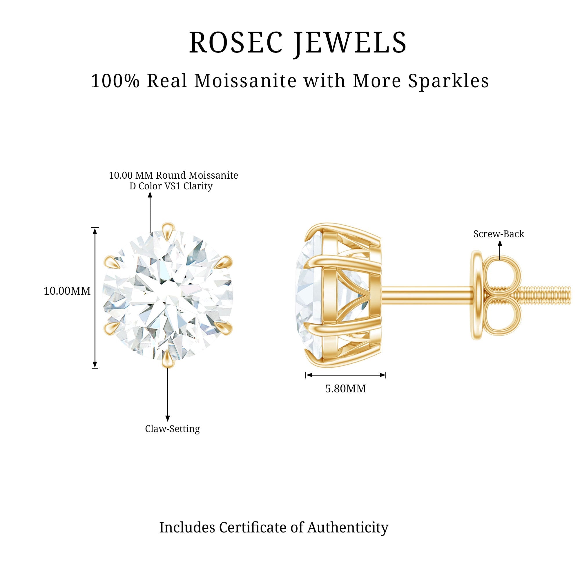 10 MM Round Moissanite Solitaire Stud Earrings in Claw Setting