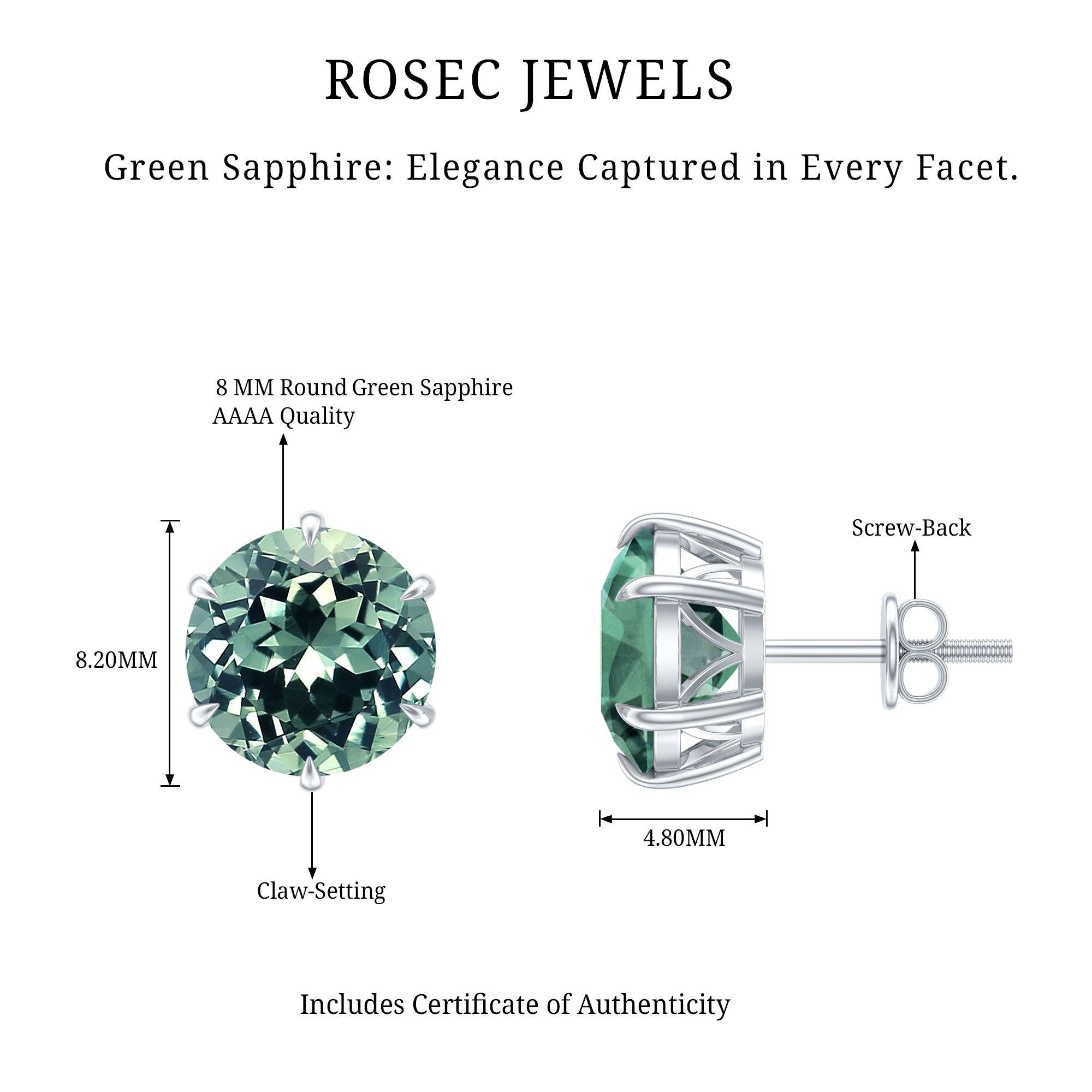 Certified 8MM Lab Grown Green Sapphire Solitaire Big Stud Earrings