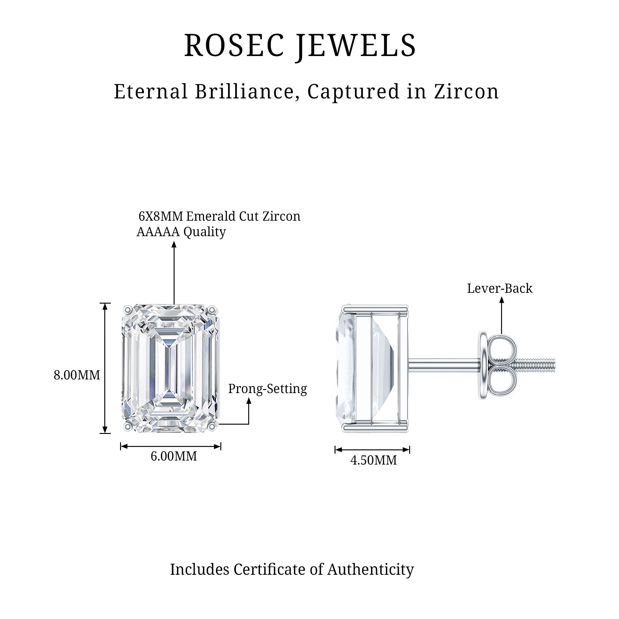 Emerald Cut Cubic Zirconia Solitaire Stud Earrings