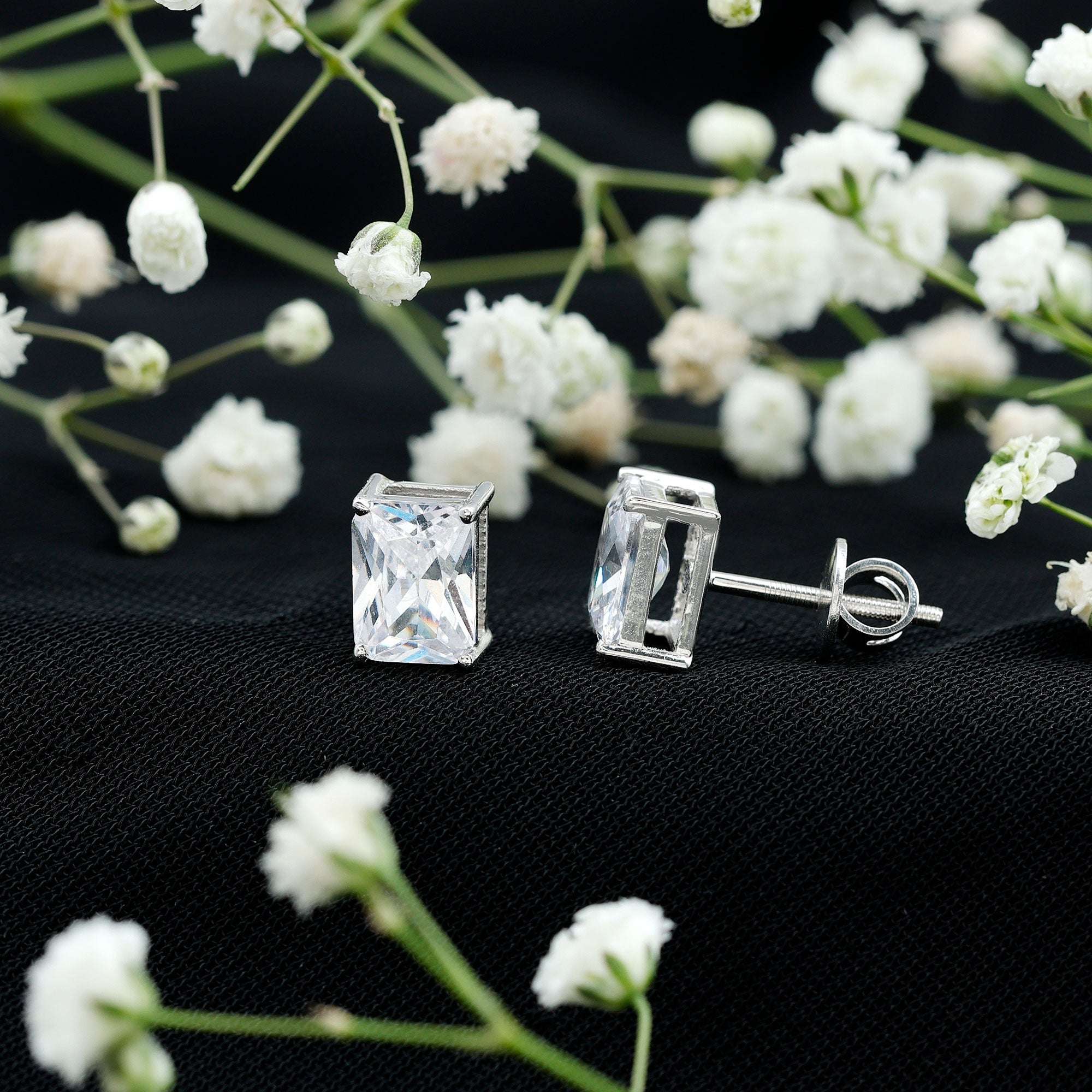 Emerald Cut Cubic Zirconia Solitaire Stud Earrings