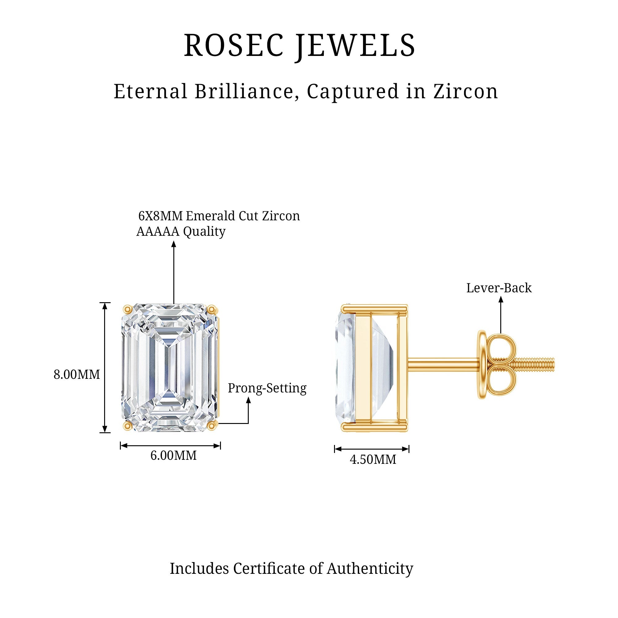 Emerald Cut Cubic Zirconia Solitaire Stud Earrings