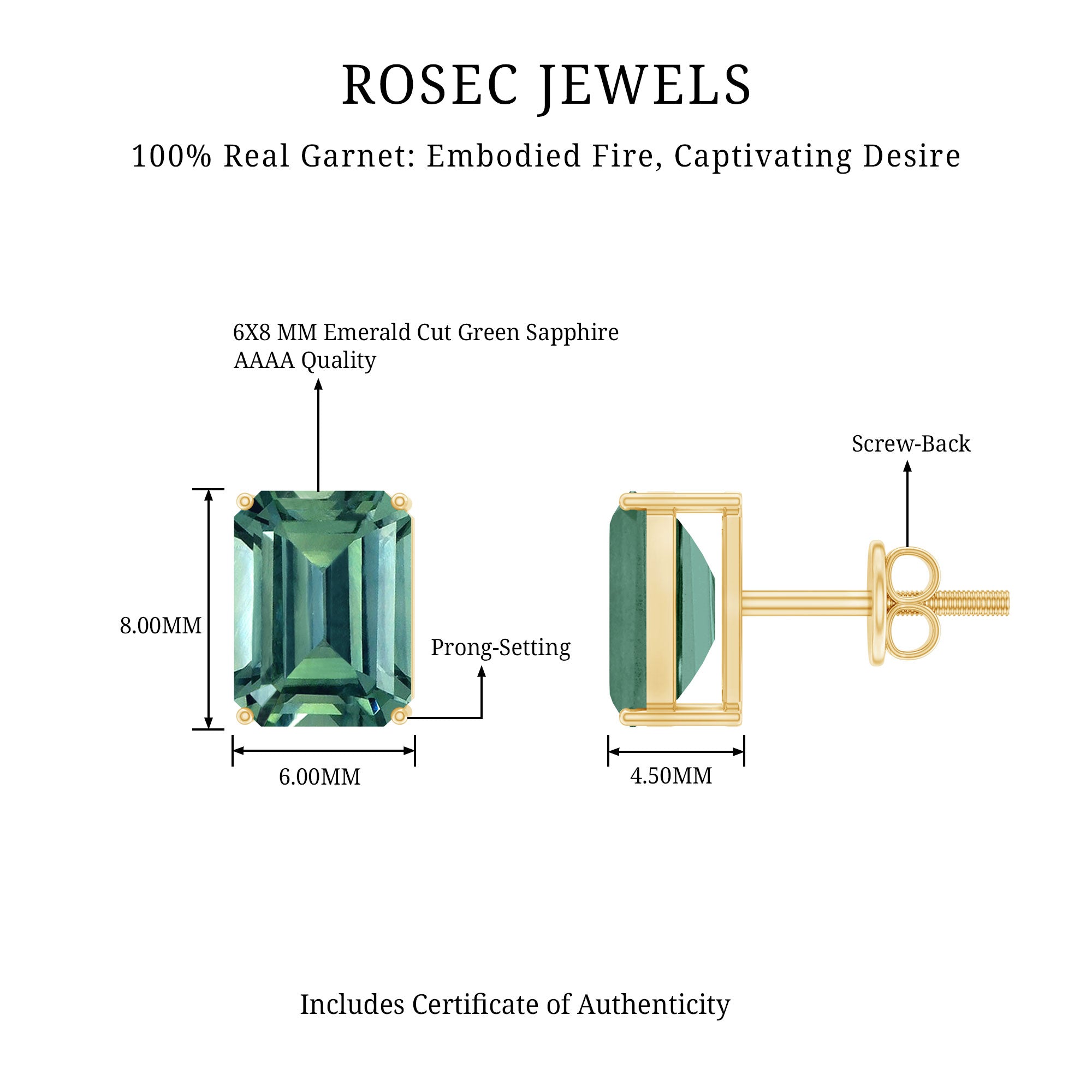 Emerald Cut Lab Created Green Sapphire Big Stud Earrings