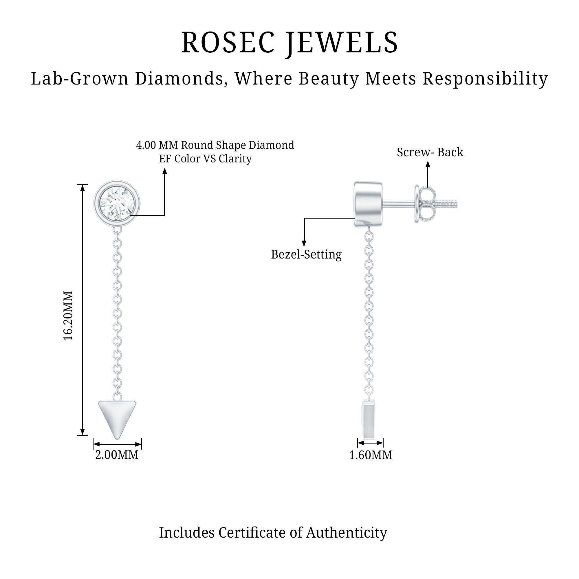 Certified Bezel Set Lab Grown Diamond Long Chain Earrings