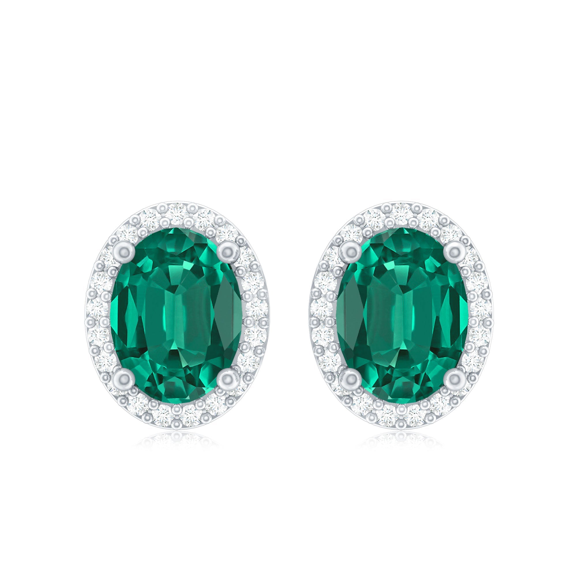 Classic Oval Shaped Lab Grown Emerald and Diamond Halo Stud Earrings