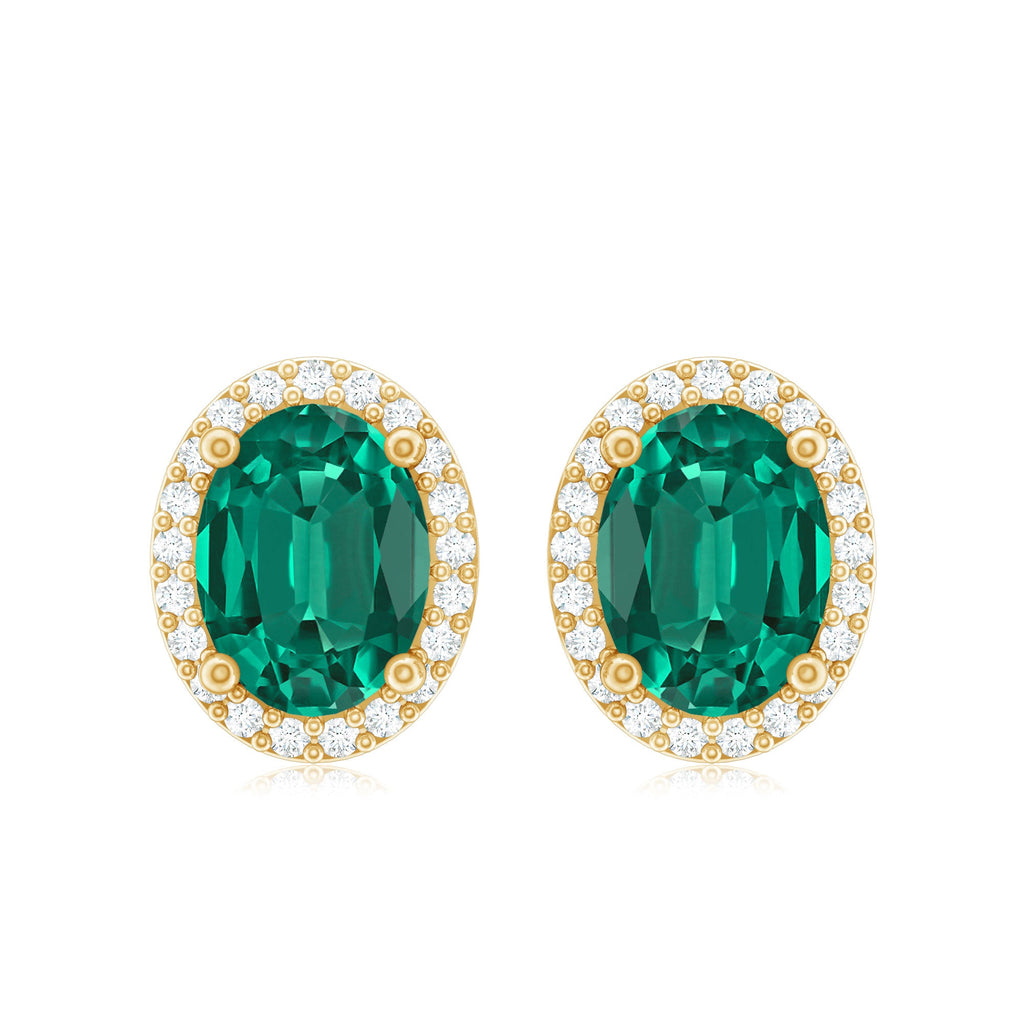 Classic Oval Shaped Lab Grown Emerald and Diamond Halo Stud Earrings