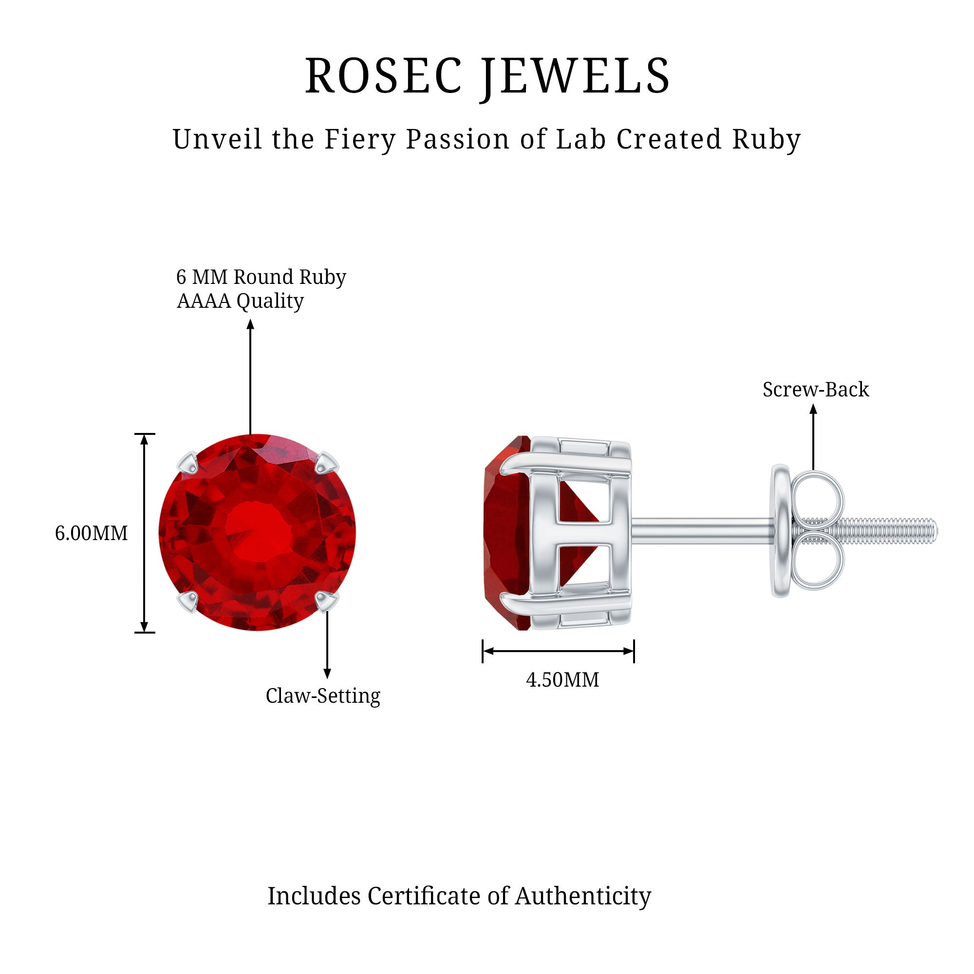 6 MM Round Cut Solitaire Lab Created Ruby Silver Stud Earring for women