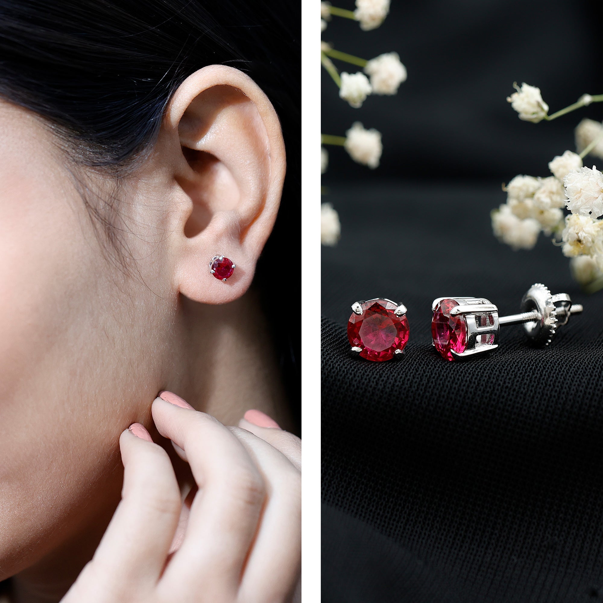 6 MM Round Cut Solitaire Lab Created Ruby Silver Stud Earring for women