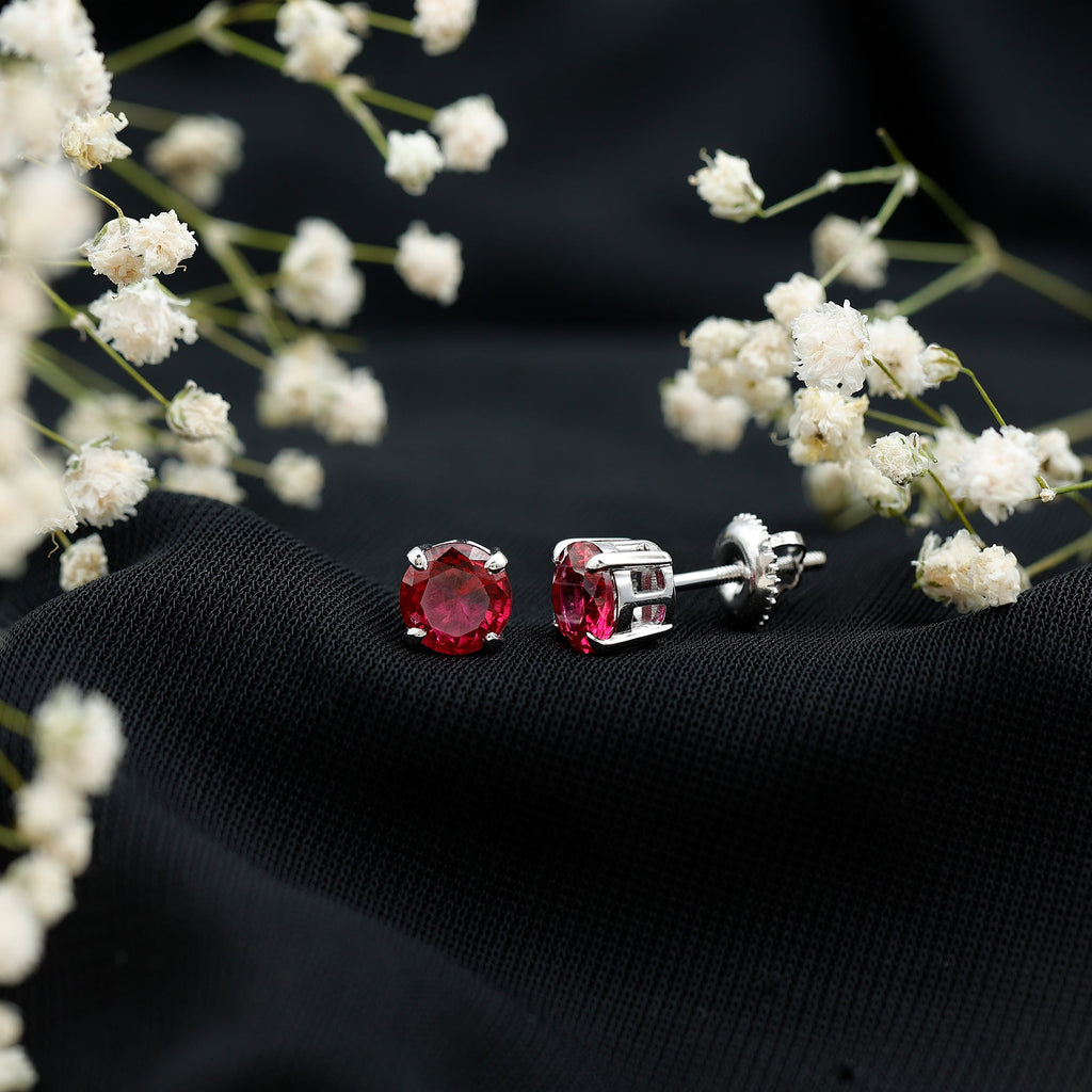 6 MM Round Cut Solitaire Lab Created Ruby Stud Earring for women