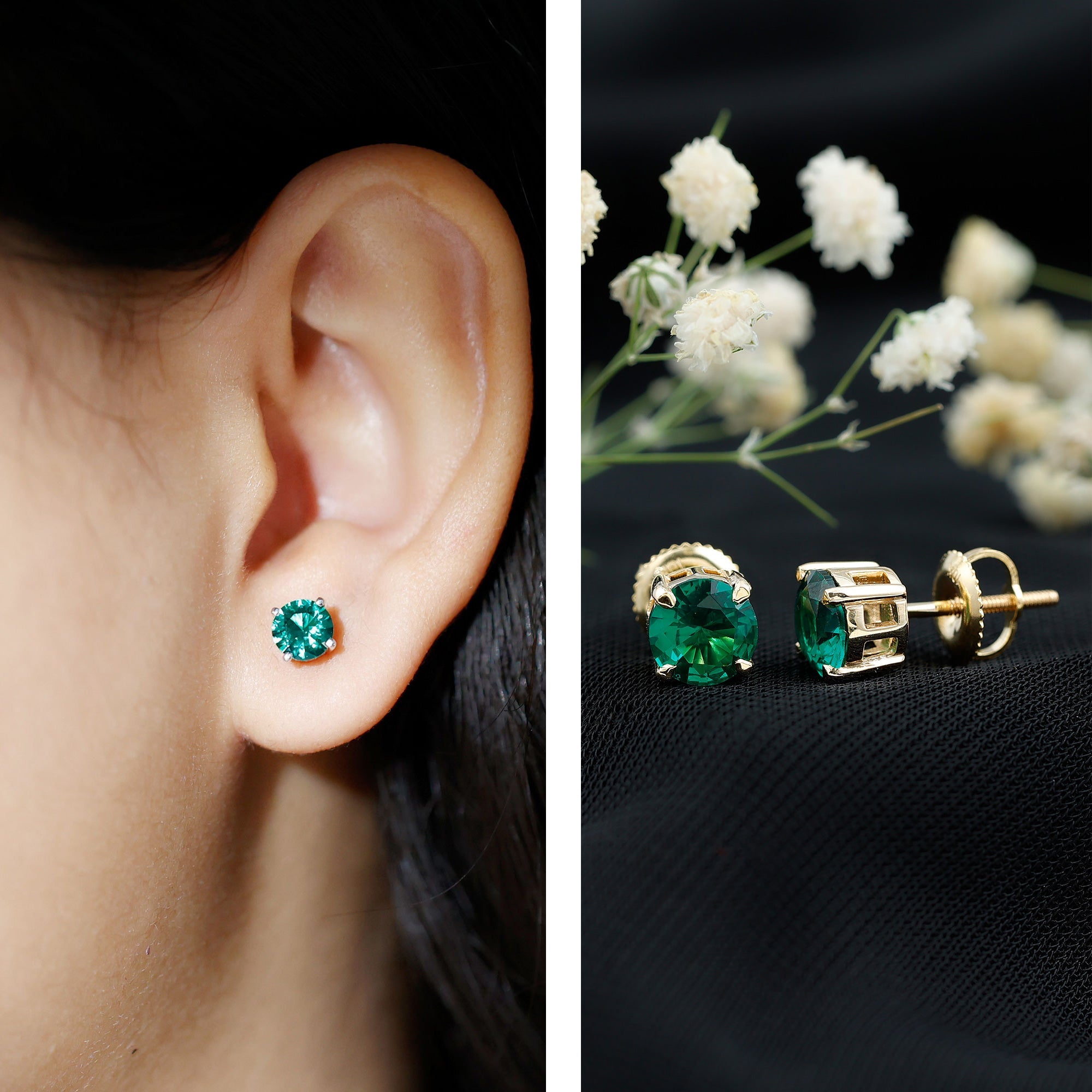 Elegant Created Emerald Solitaire Stud Earrings