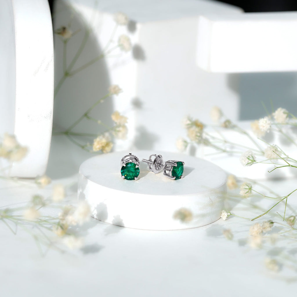 Elegant Created Emerald Solitaire Stud Earrings