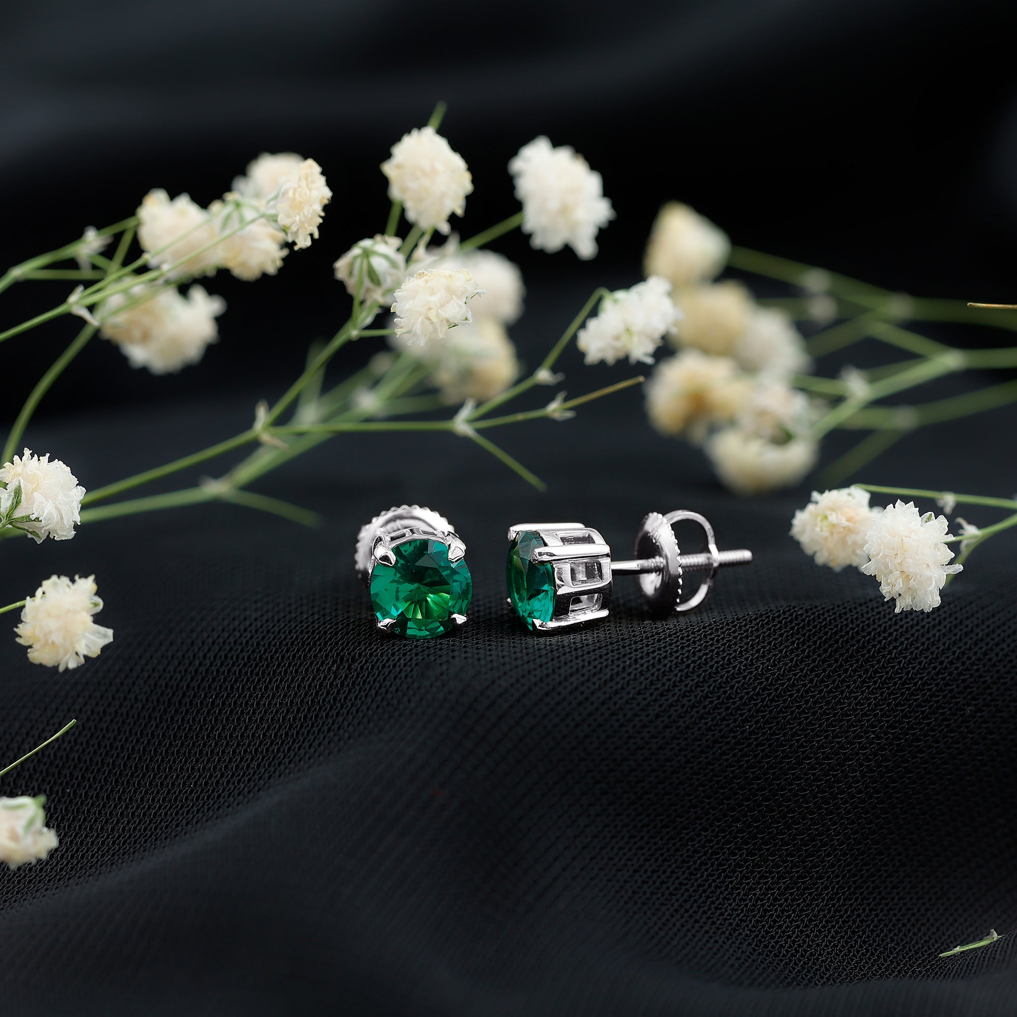 Elegant Created Emerald Solitaire Stud Earrings
