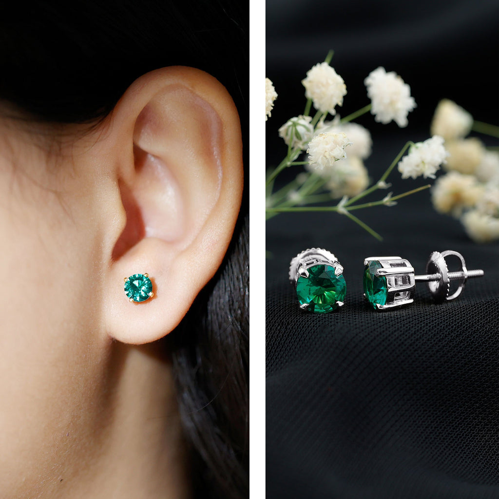 Elegant Created Emerald Solitaire Stud Earrings
