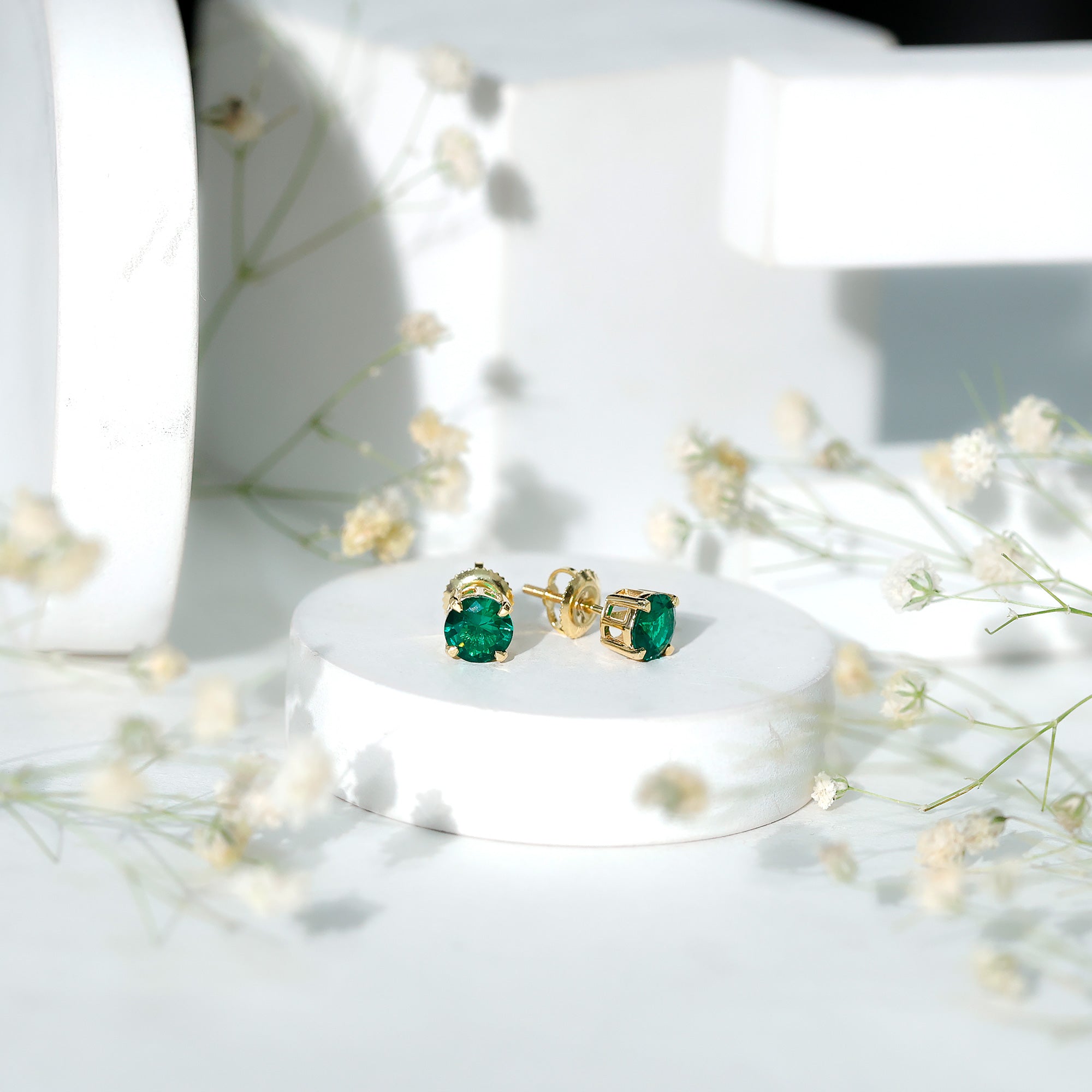 Elegant Created Emerald Solitaire Stud Earrings