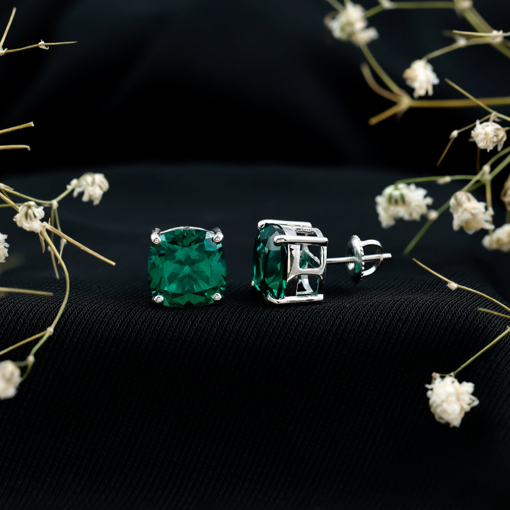 10 MM Cushion Cut Created Emerald Solitaire Stud Earrings
