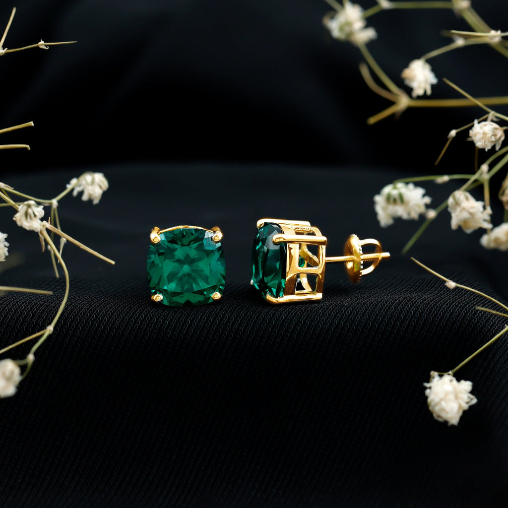 10 MM Cushion Cut Created Emerald Solitaire Stud Earrings
