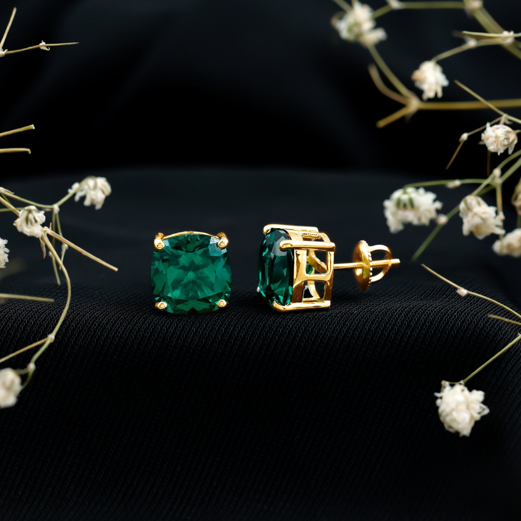 10 MM Cushion Cut Created Emerald Solitaire Stud Earrings