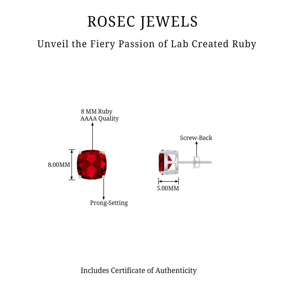 8MM Cushion Cut Created Ruby Solitaire Stud Earrings