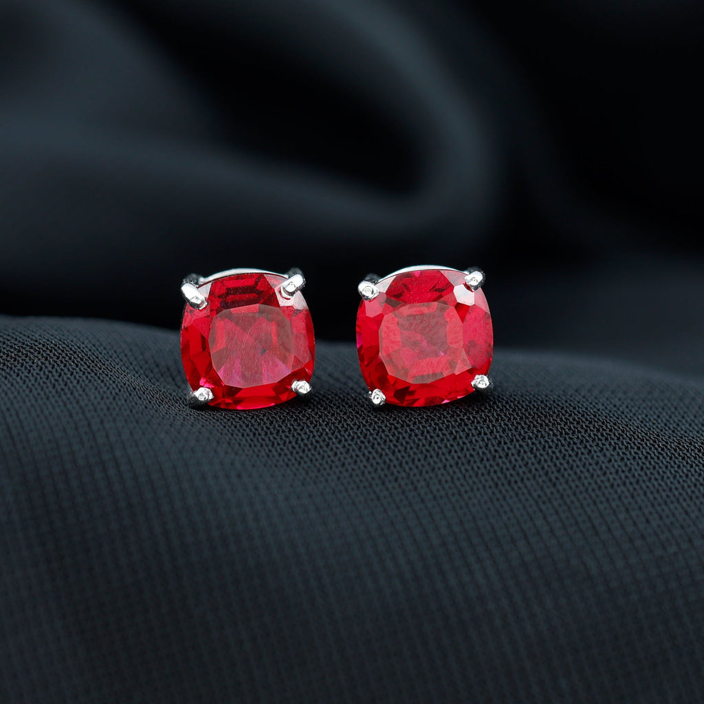 8MM Cushion Cut Created Ruby Solitaire Stud Earrings