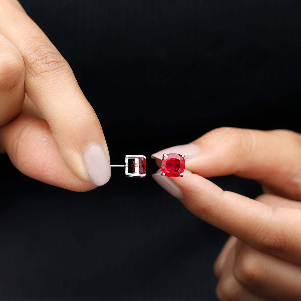 8MM Cushion Cut Created Ruby Solitaire Stud Earrings