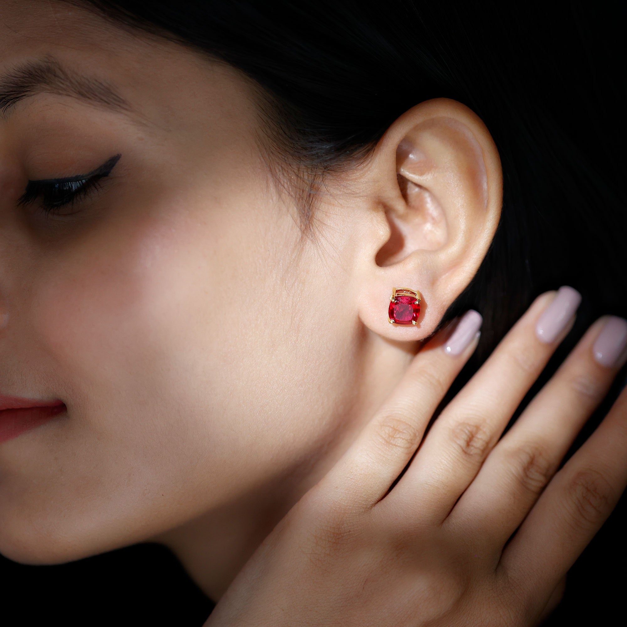 8MM Cushion Cut Created Ruby Solitaire Stud Earrings