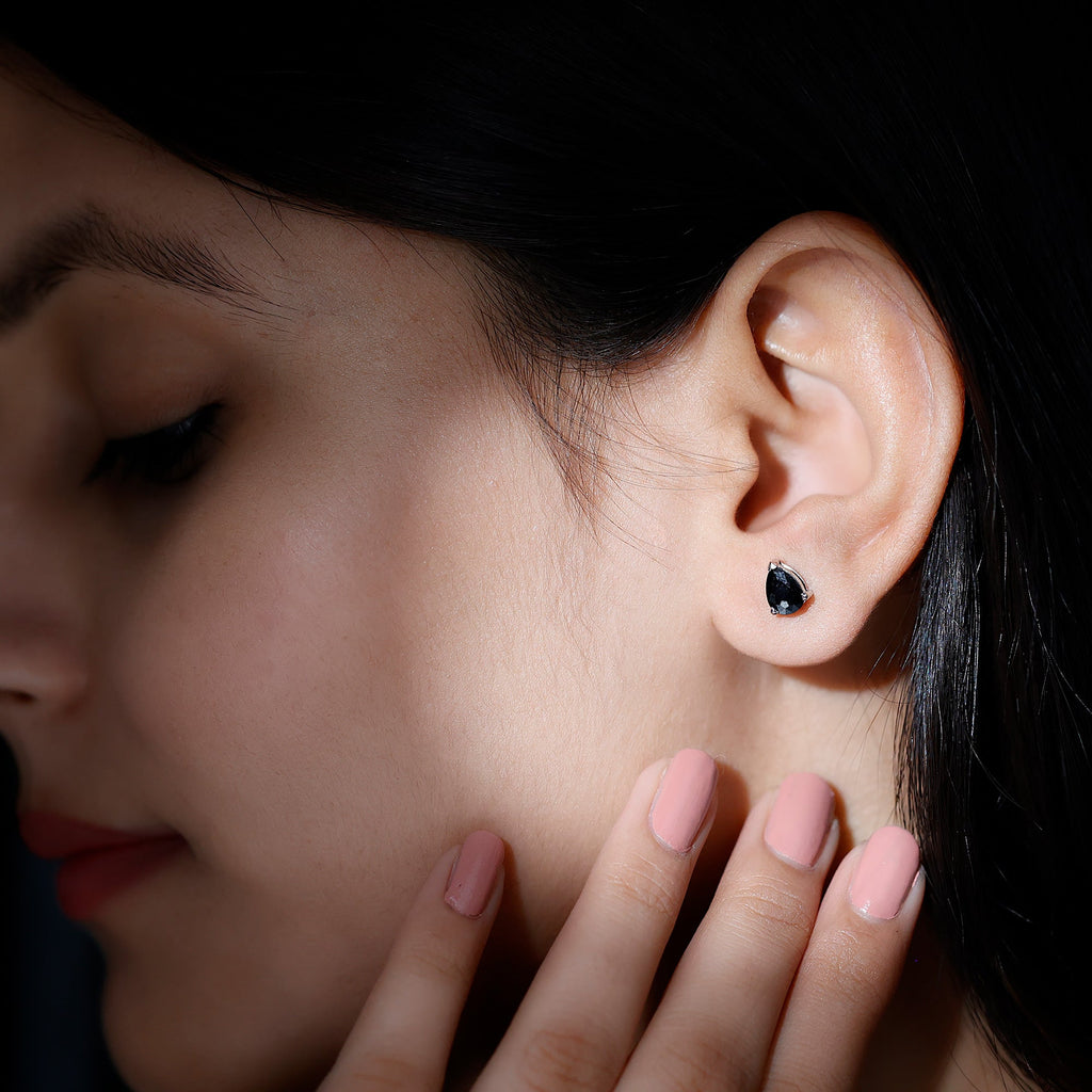 Certified Real Pear Shaped Black Spinel Earrings with Screw Back