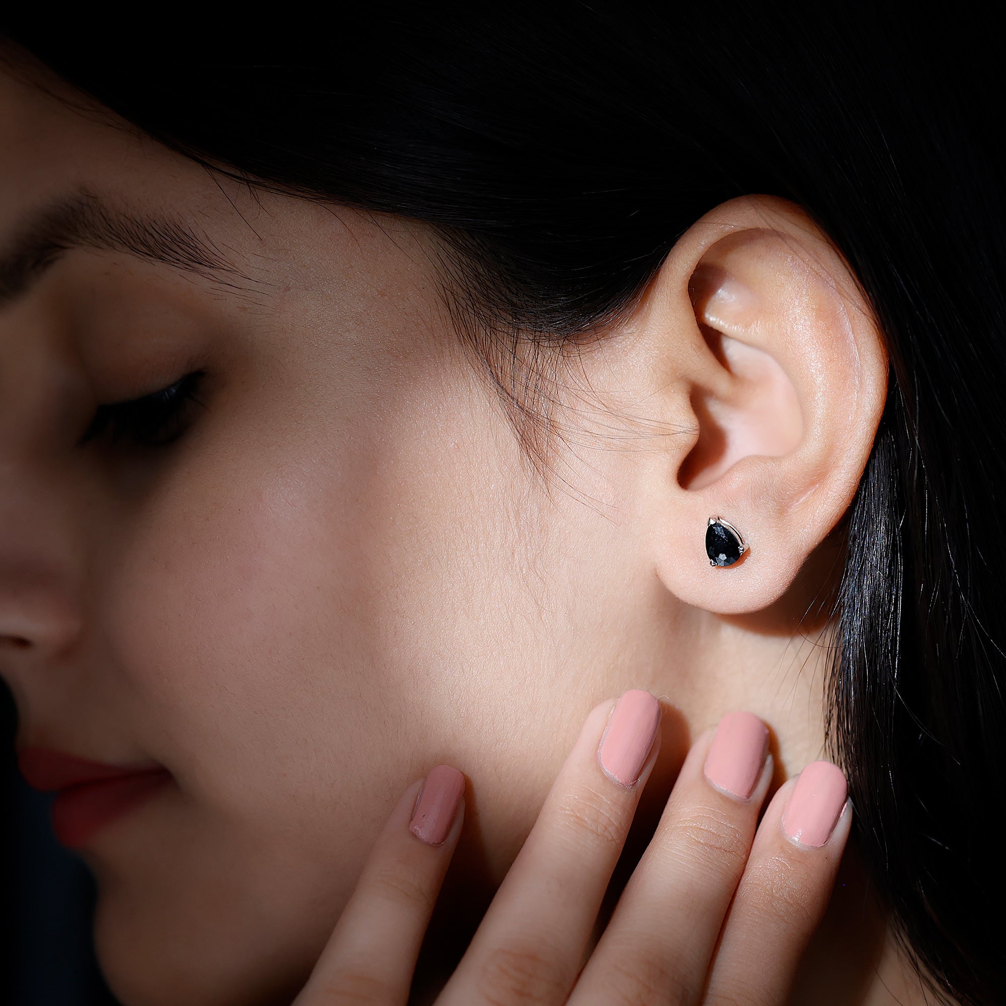 Certified Real Pear Shaped Black Spinel Earrings with Screw Back