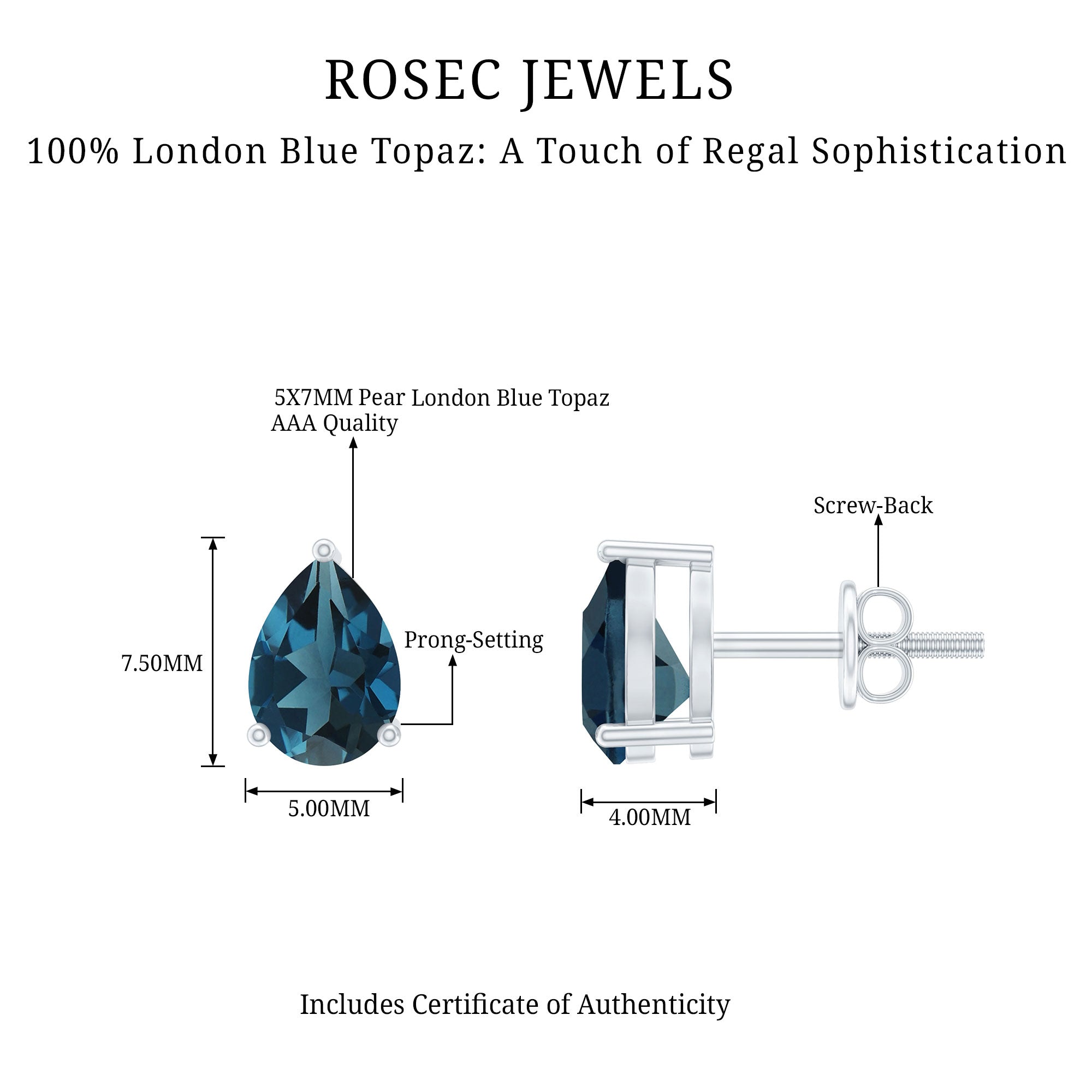 2 CT Pear Cut London Blue Topaz Solitaire Earrings