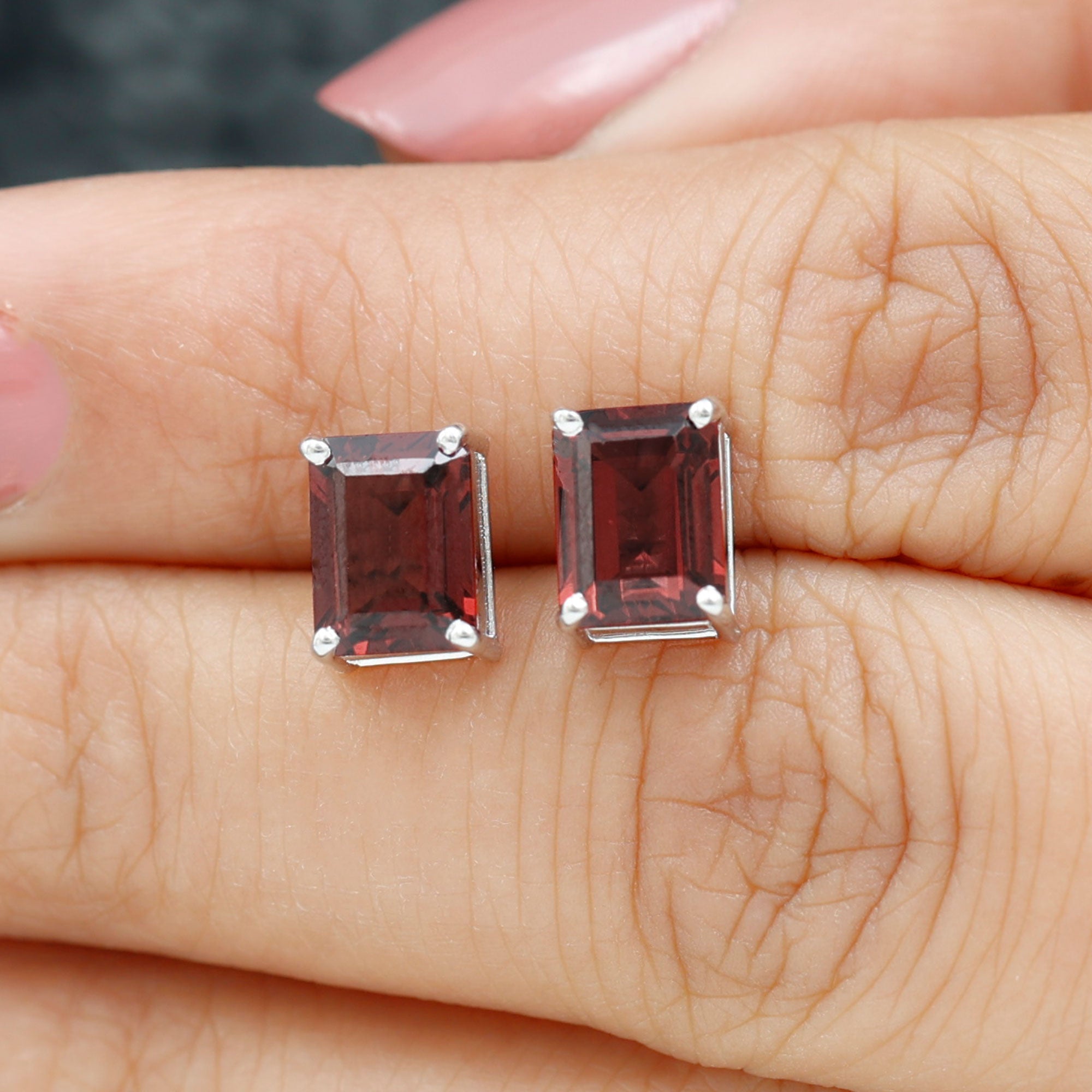 Real 4.32 Carat Emerald Cut Garnet Stud Earrings with Screw on Backs