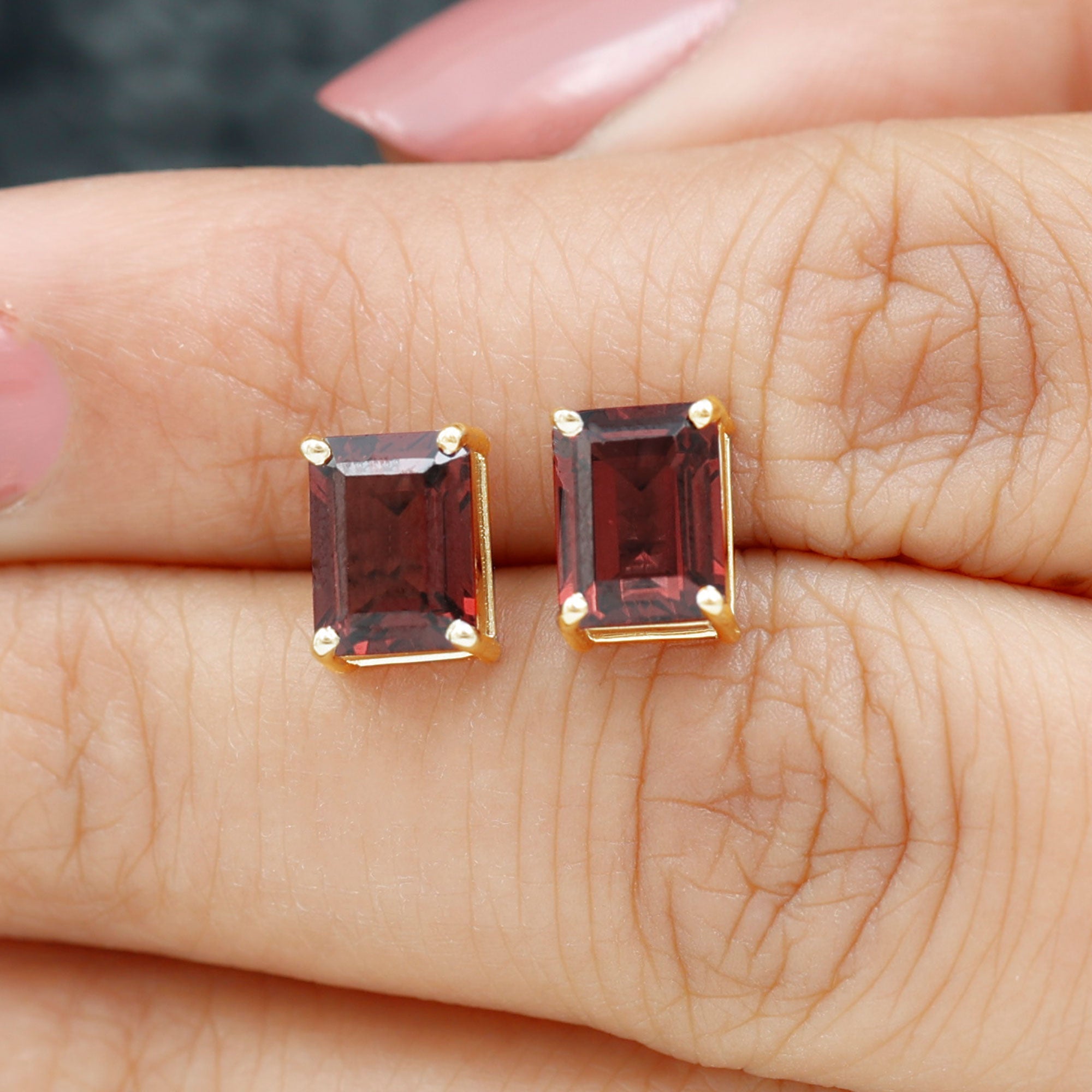 Real 4.32 Carat Emerald Cut Garnet Stud Earrings with Screw on Backs