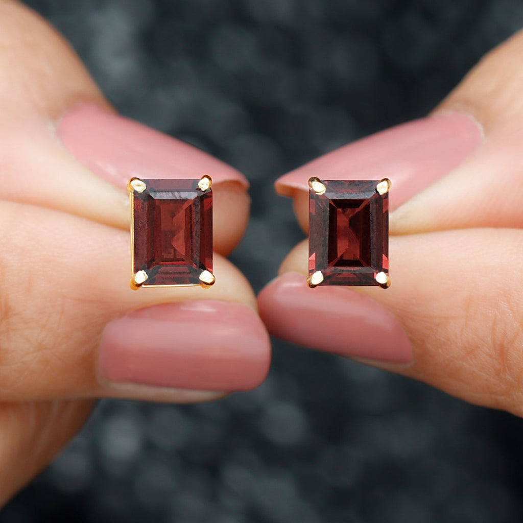 Real 4.32 Carat Emerald Cut Garnet Stud Earrings with Screw on Backs