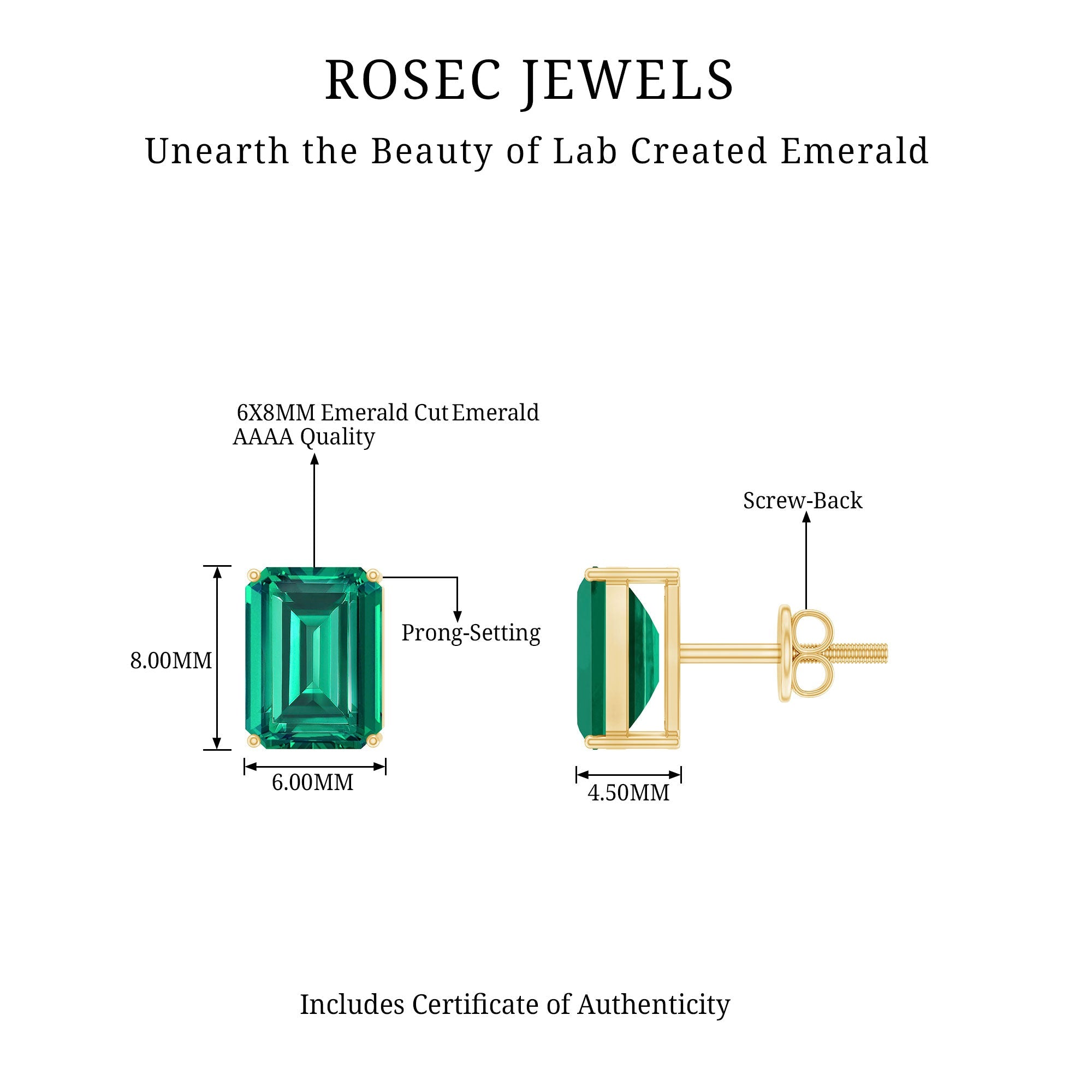 3 Carat Emerald Cut Lab Grown Emerald Solitaire Stud Earrings