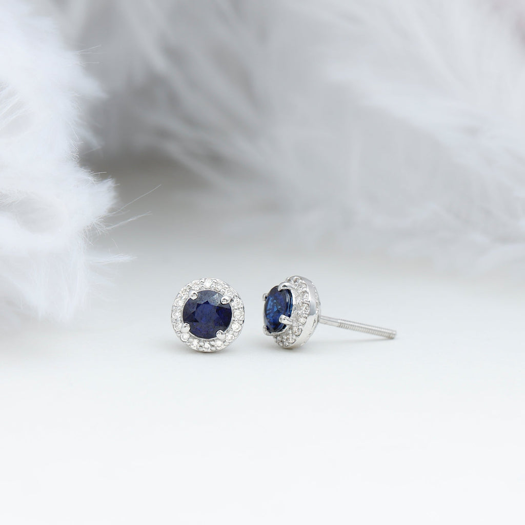 Real 1.9 Carat Blue Sapphire and Diamond Halo Stud Earrings