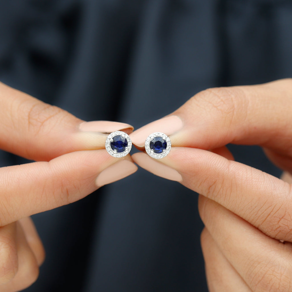 Real 1.9 Carat Blue Sapphire and Diamond Halo Stud Earrings