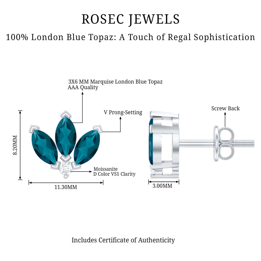 Floral Stud Earrings with London Blue Topaz and Moissanite