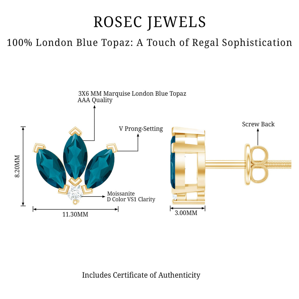 Floral Stud Earrings with London Blue Topaz and Moissanite