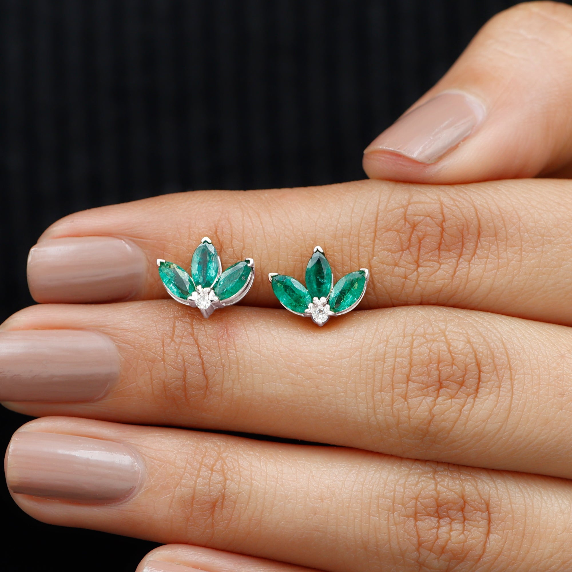 Genuine Emerald and Diamond Lotus Stud Earrings
