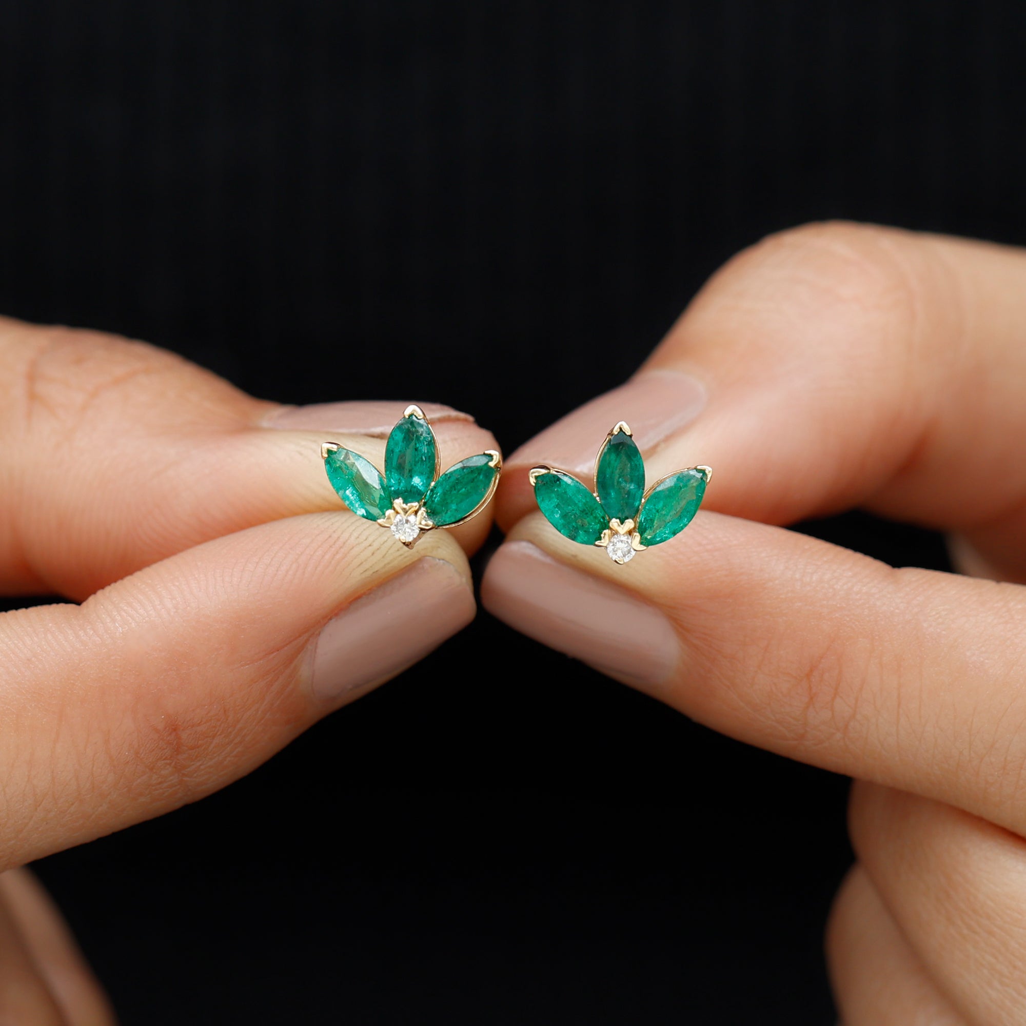 Genuine Emerald and Diamond Lotus Stud Earrings