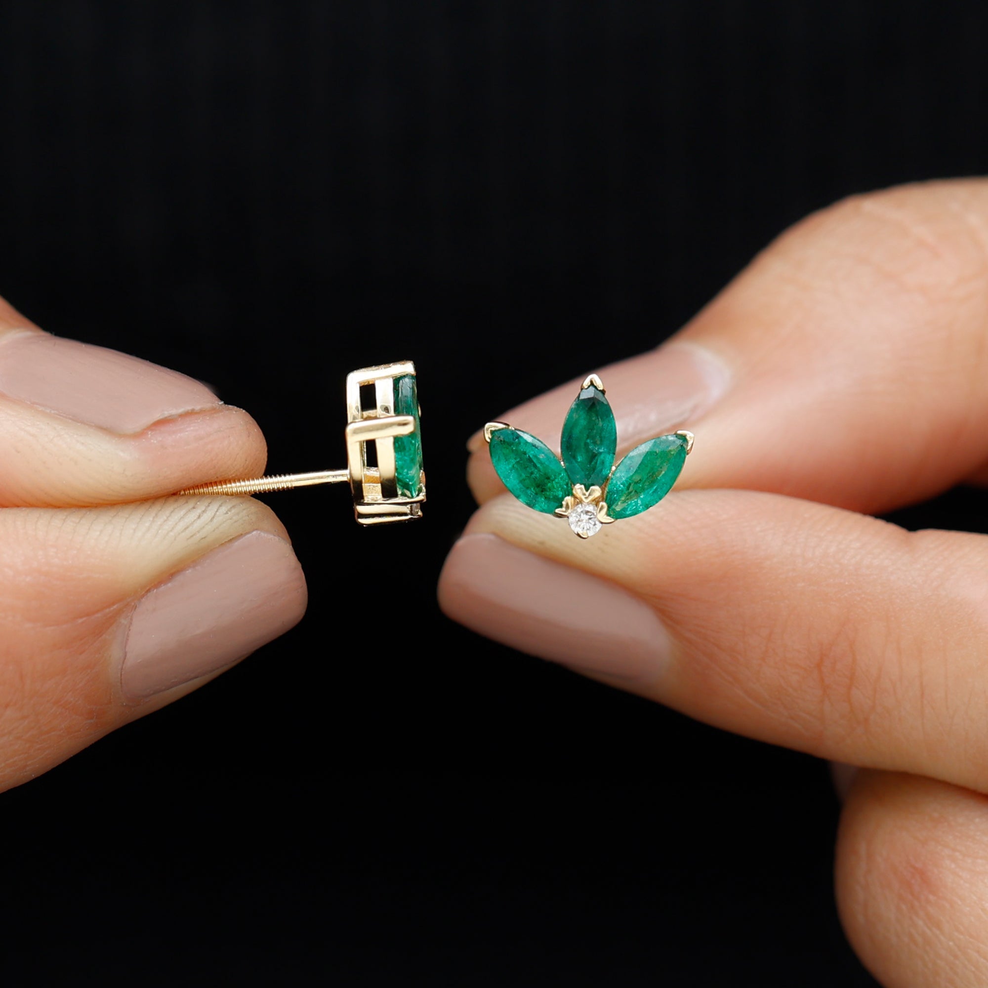 Genuine Emerald and Diamond Lotus Stud Earrings