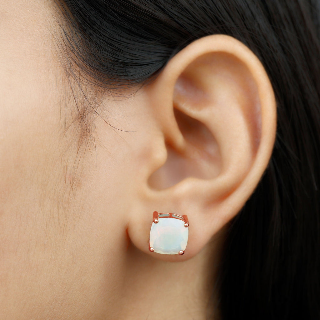 3 Carat Cushion Cut Ethiopian Opal Solitaire Stud Earrings