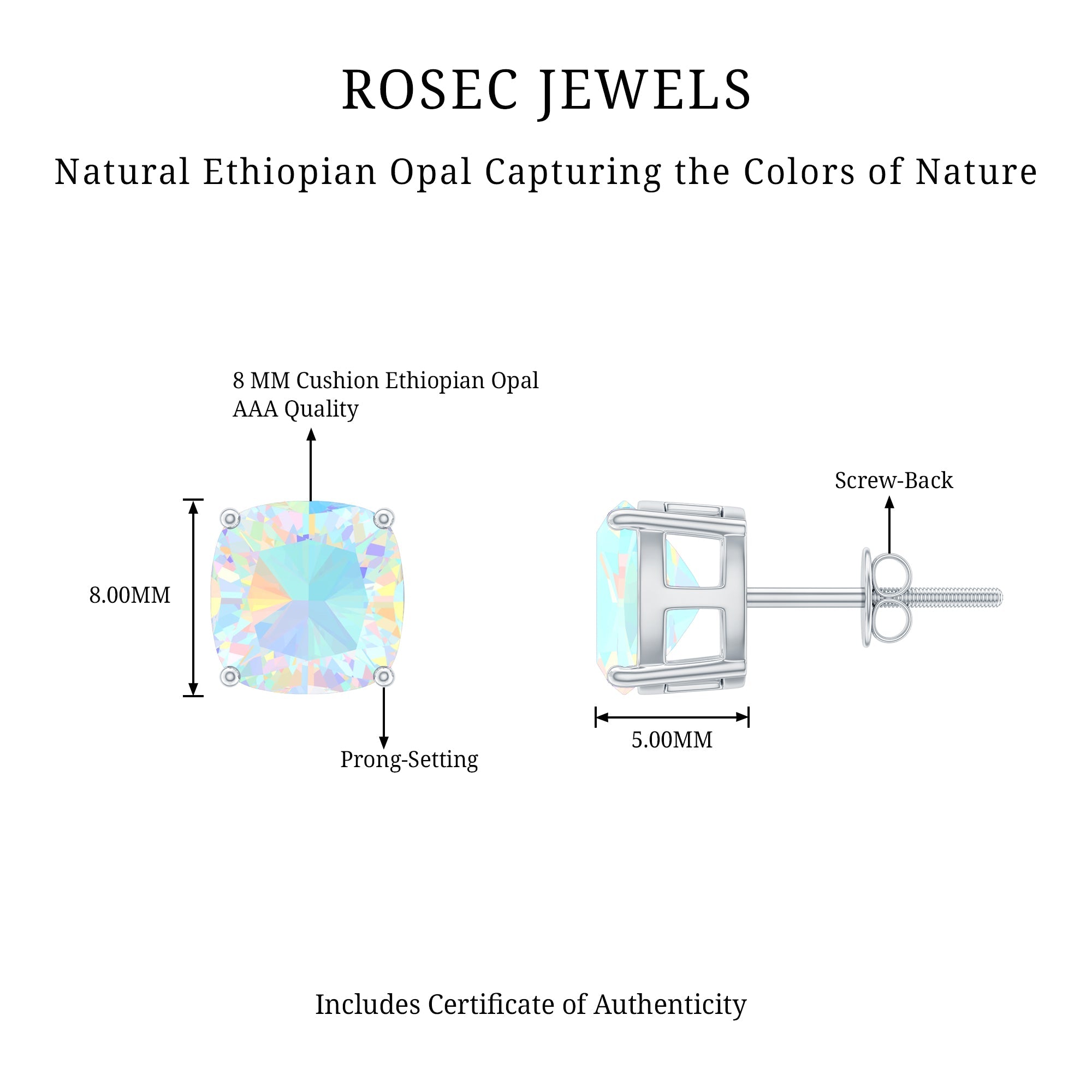3 Carat Cushion Cut Ethiopian Opal Solitaire Stud Earrings