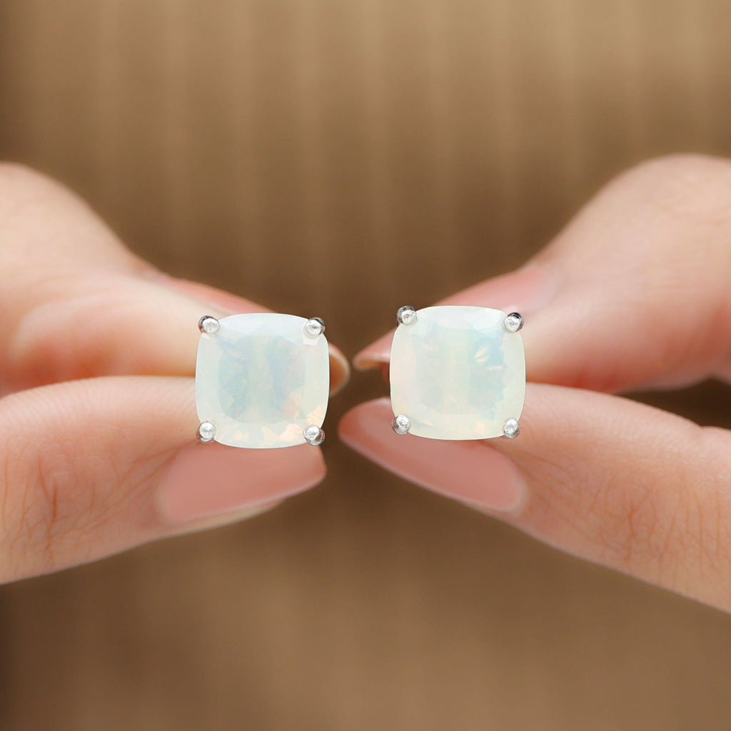 3 Carat Cushion Cut Ethiopian Opal Solitaire Stud Earrings