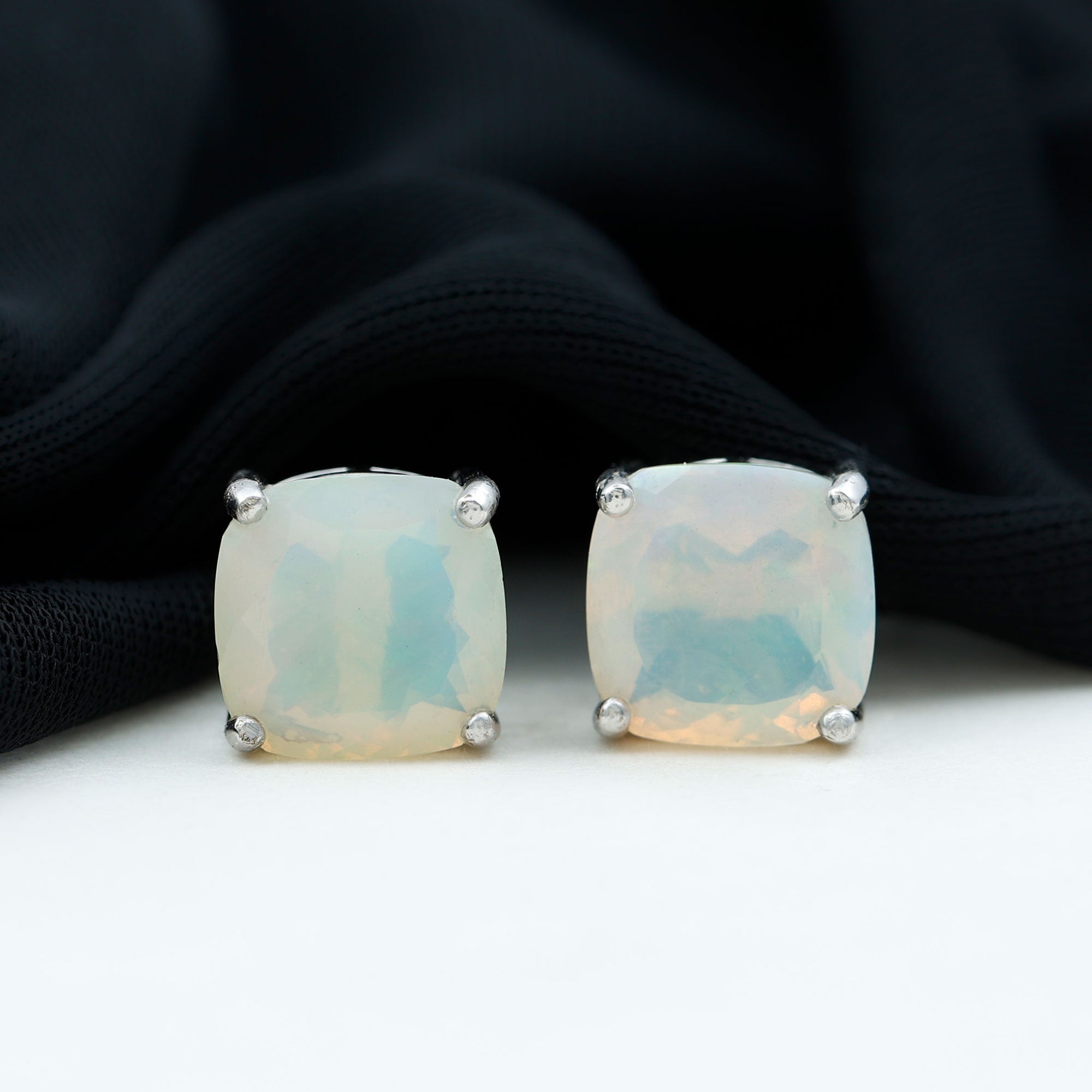 3 Carat Cushion Cut Ethiopian Opal Solitaire Stud Earrings